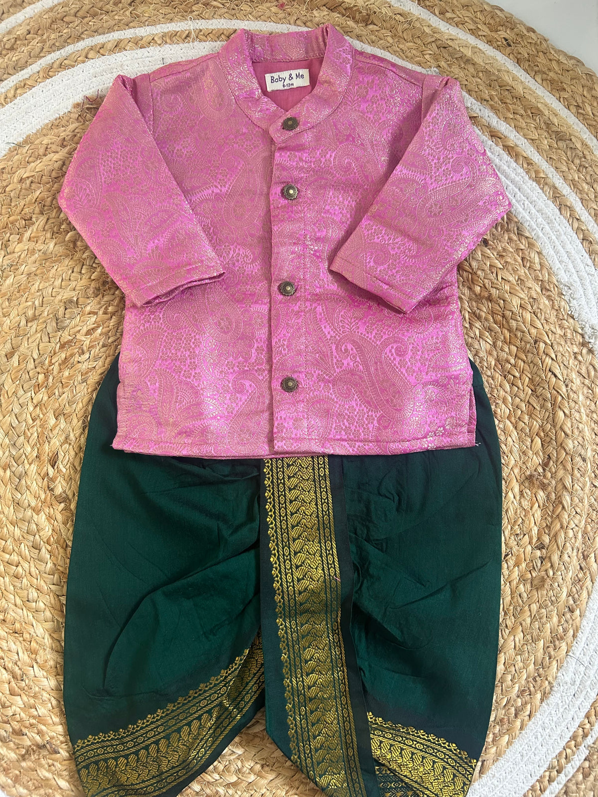 Gulabi Paisley Light Pink Banarasi kurta with traditional Bottle green dhoti ethnic wear for baby boy