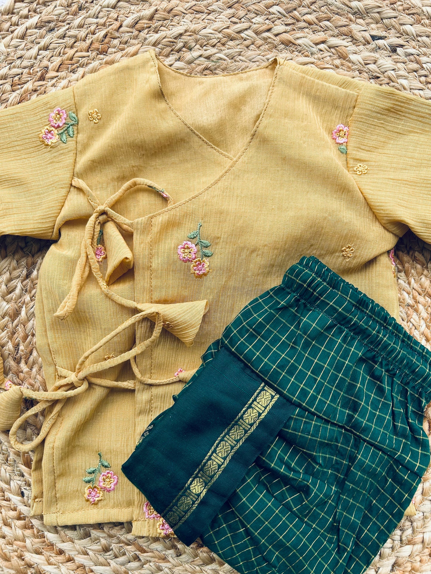Warm yellow Angrakha with green dhoti comfortable ethnic wear for baby boy