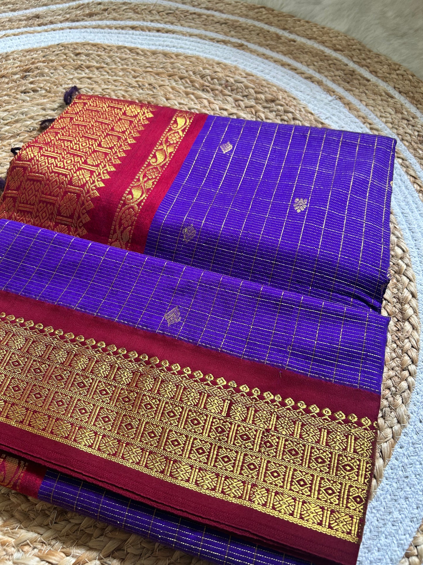 Purple & Maroon Handloom Silk Cotton Saree with Gold Zari Border