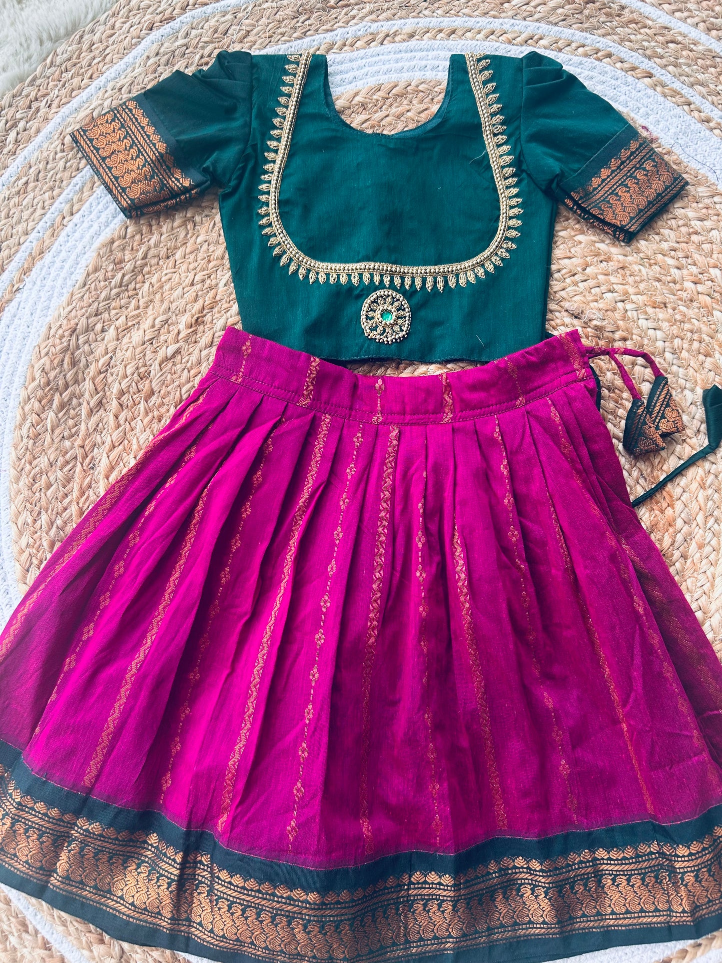 Little Lakshmi Traditional pavadai pure cotton with zari weaving and hand embroidery langa blouse set for baby girl
