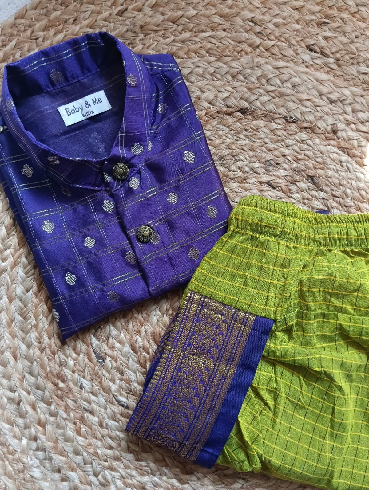 Purple reshme chowka Kurta with green dhoti traditional ethnic wear for baby boy
