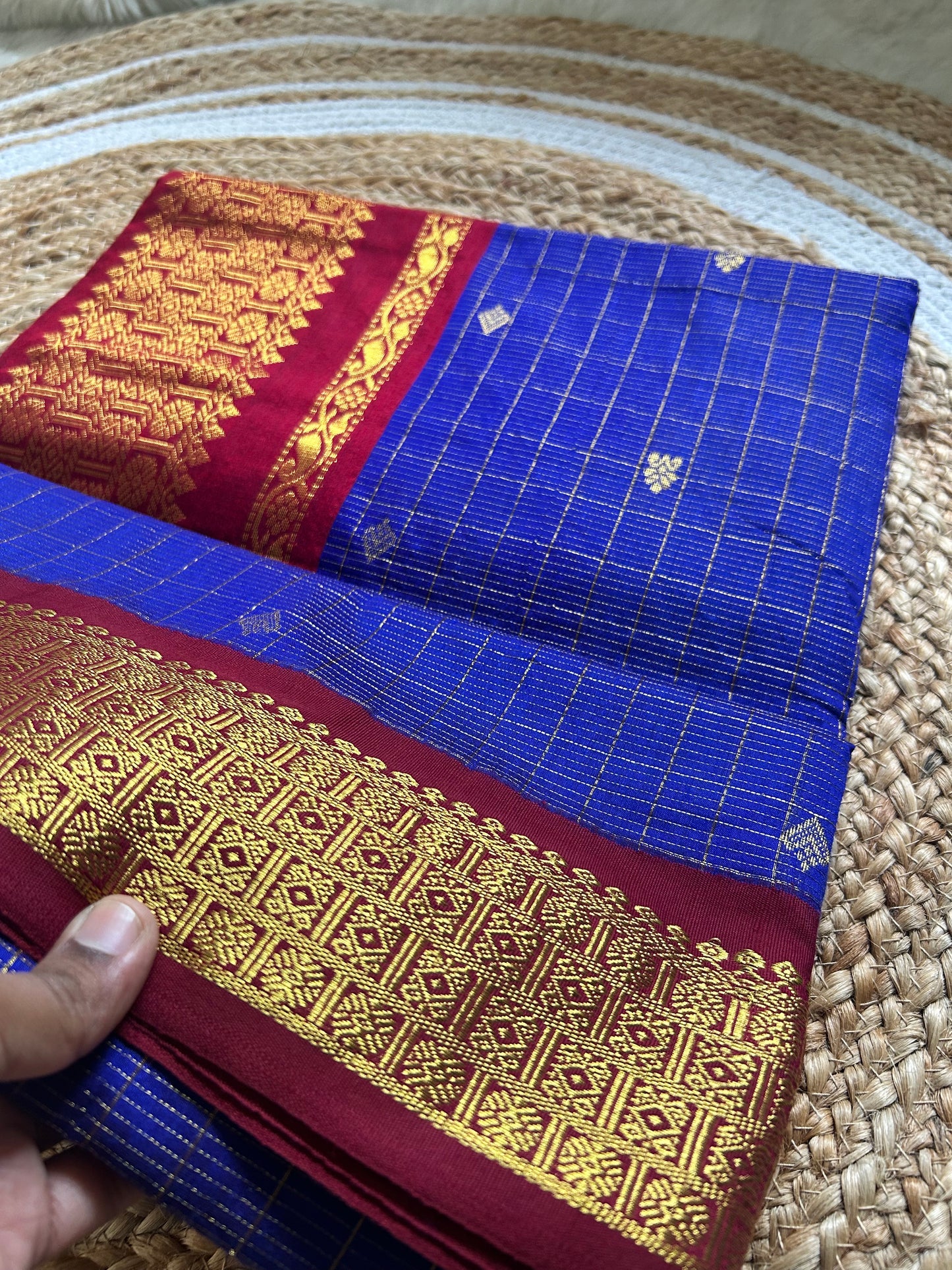Royal Blue & Maroon Handloom Silk Cotton Saree with Gold Zari Border