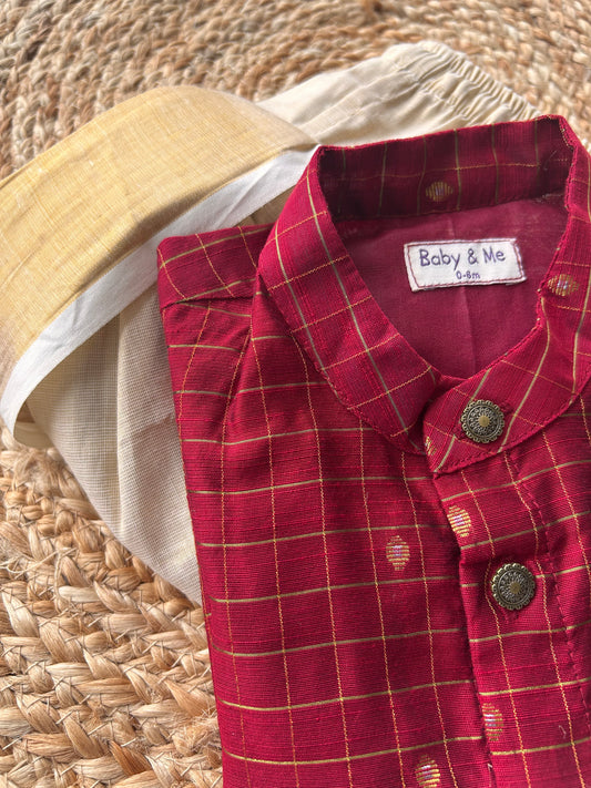 Maroon checks Kurta ( Top only ) for baby boy ethnic top wear