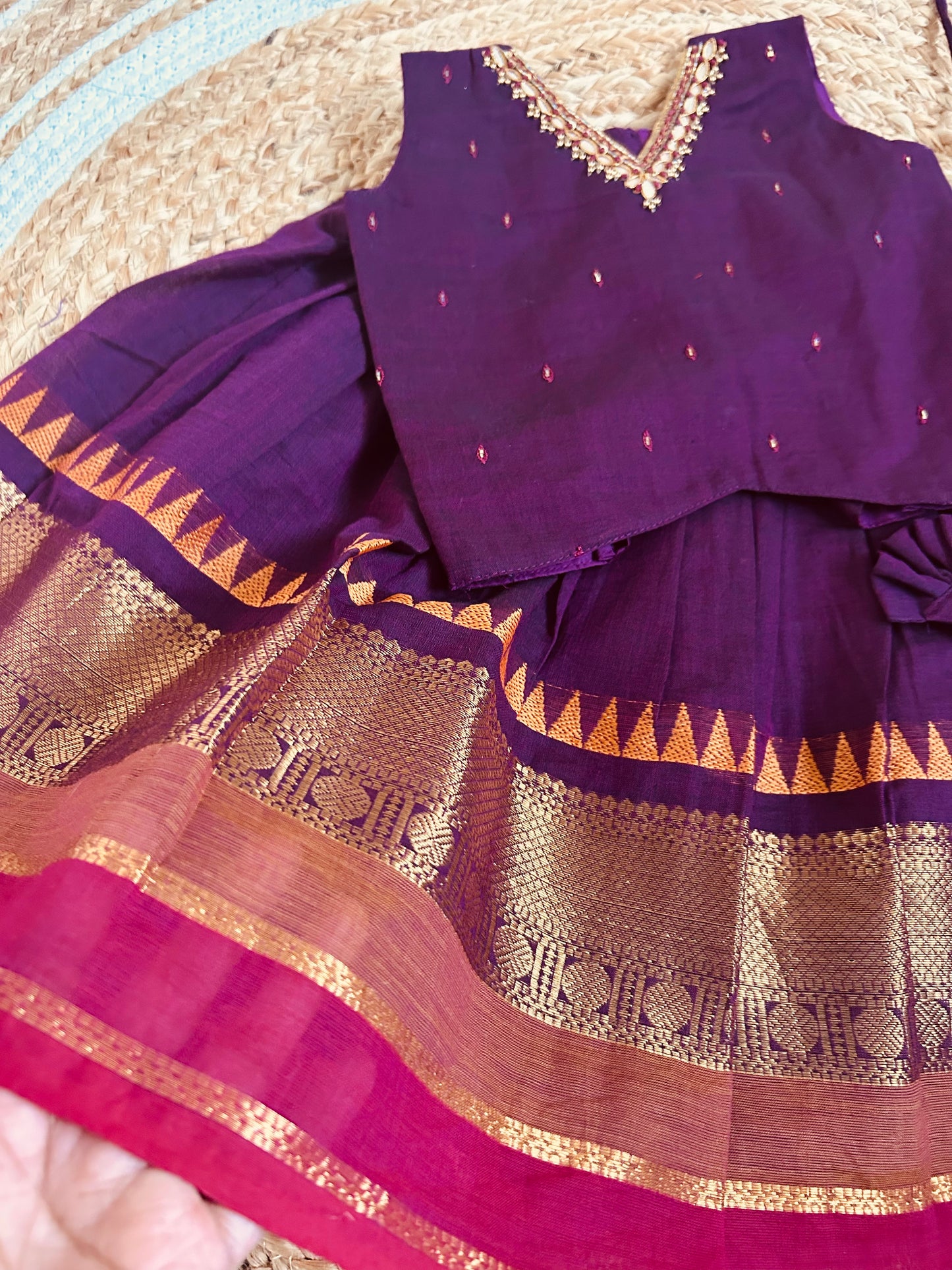 ನೇರಳೆ (Grape) kanchi silk cotton sleeveless heritage langa blouse for baby girl
