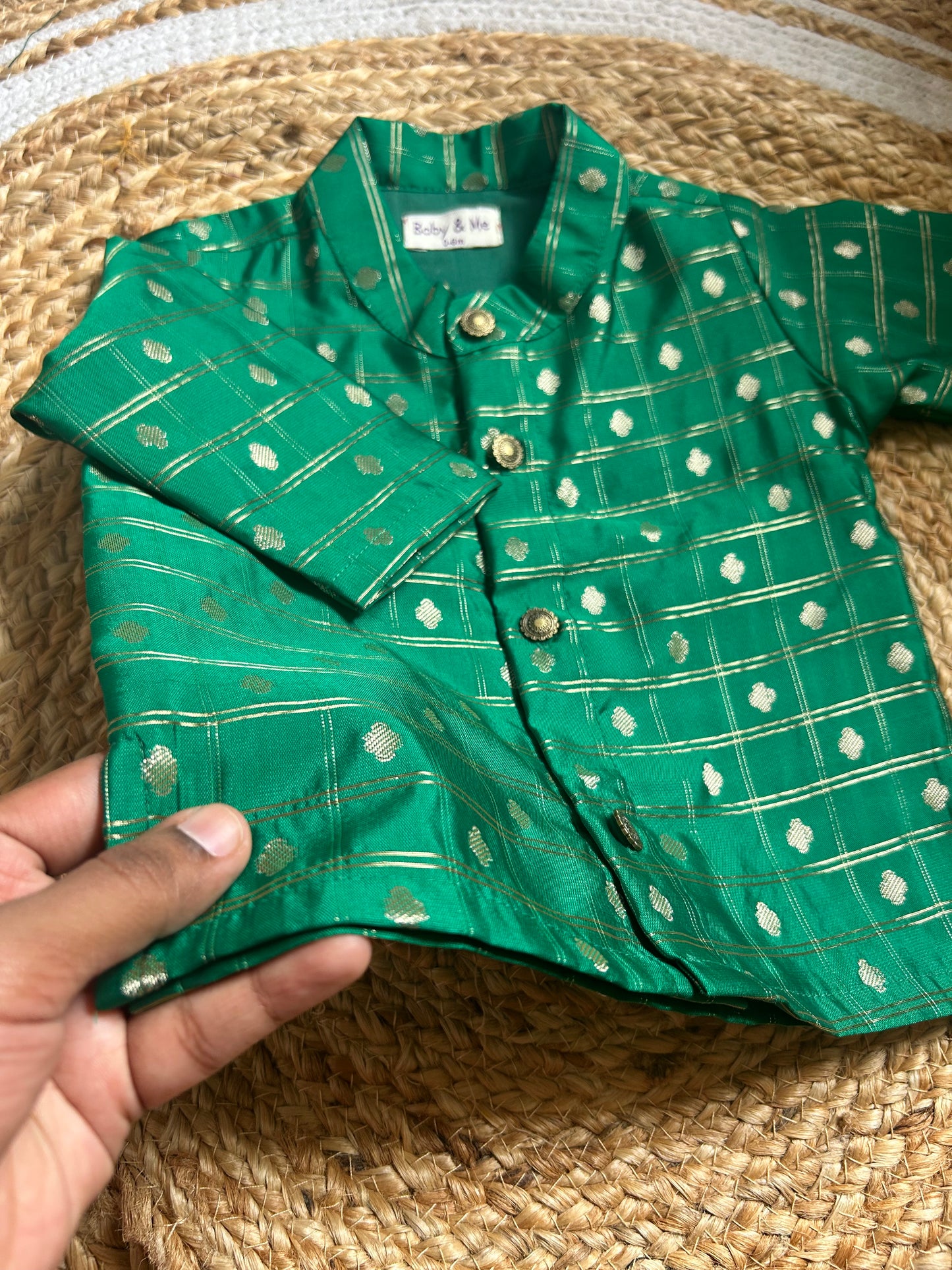 Green with cream reshme chowka Kurta Dhoti for baby boy - Festive Collection