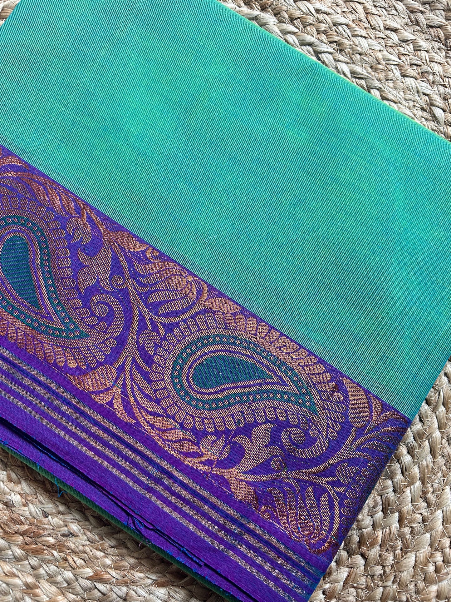 Turquoise Green & Purple Handloom Silk Cotton Saree with Gold Zari Paisley Border