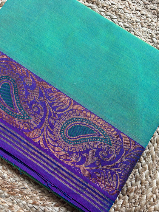 Turquoise Green & Purple Handloom Silk Cotton Saree with Gold Zari Paisley Border