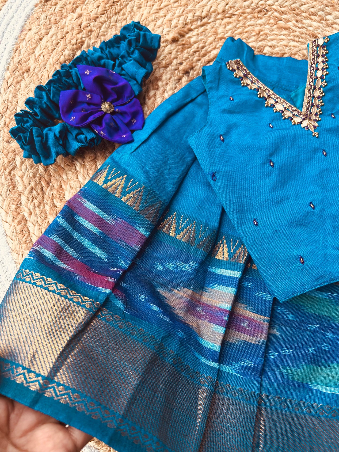 Traditional langa blouse peacock blue pure kanchi cotton weave sleeveless for baby girl