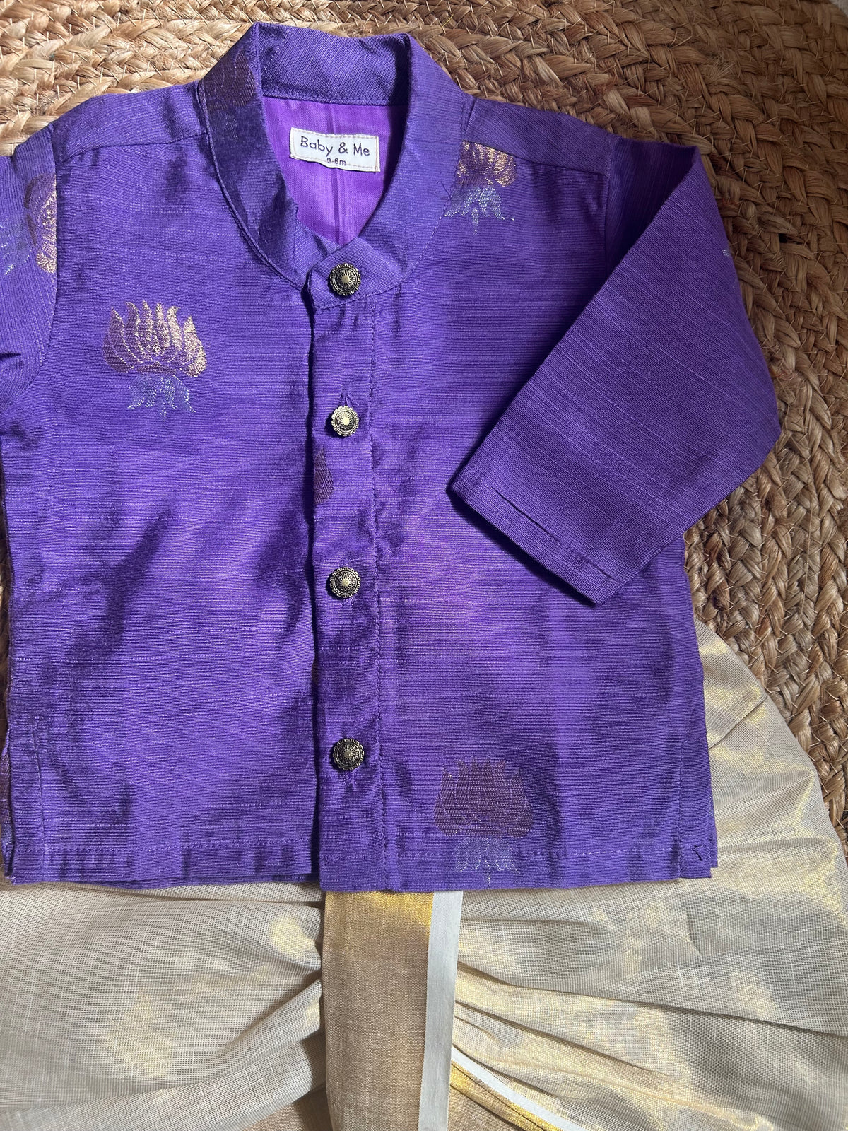 Purple lotus weave cotton silk kurta with gold Dhoti for Boys – Traditional South Indian Ethnic Wear for Baby Boy