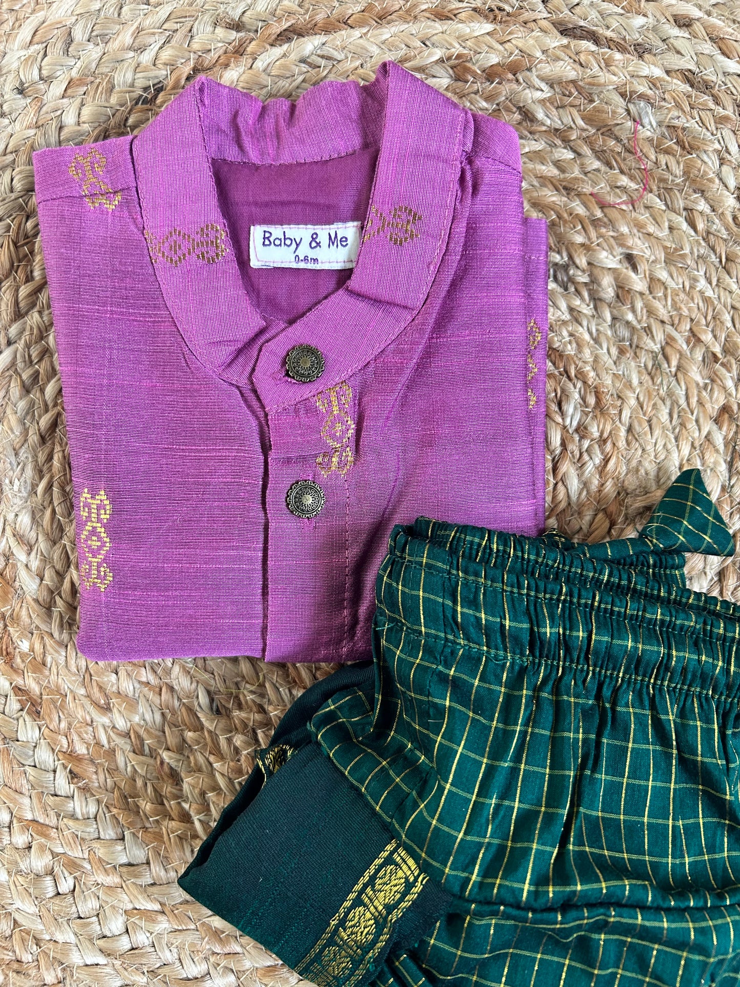 Pink kurta and bottle green checked Dhoti for Boys – Traditional Ethnic Wear Cotton weave for Baby Boy