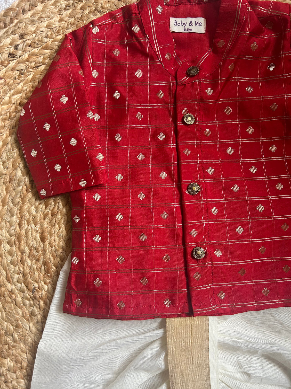 Reshme chowka red kurta with handloom cotton white with zari dhoti ethnic wear for baby boy