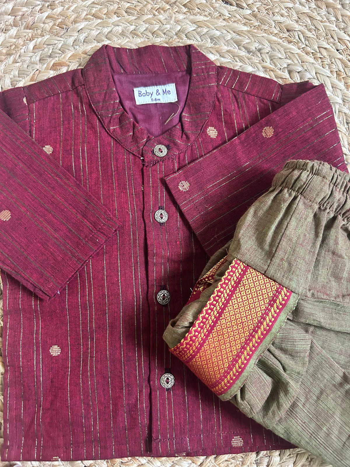 Maroon & Gold Striped Kurta with Sage Green Dhoti Traditional ethnic wear for baby boy