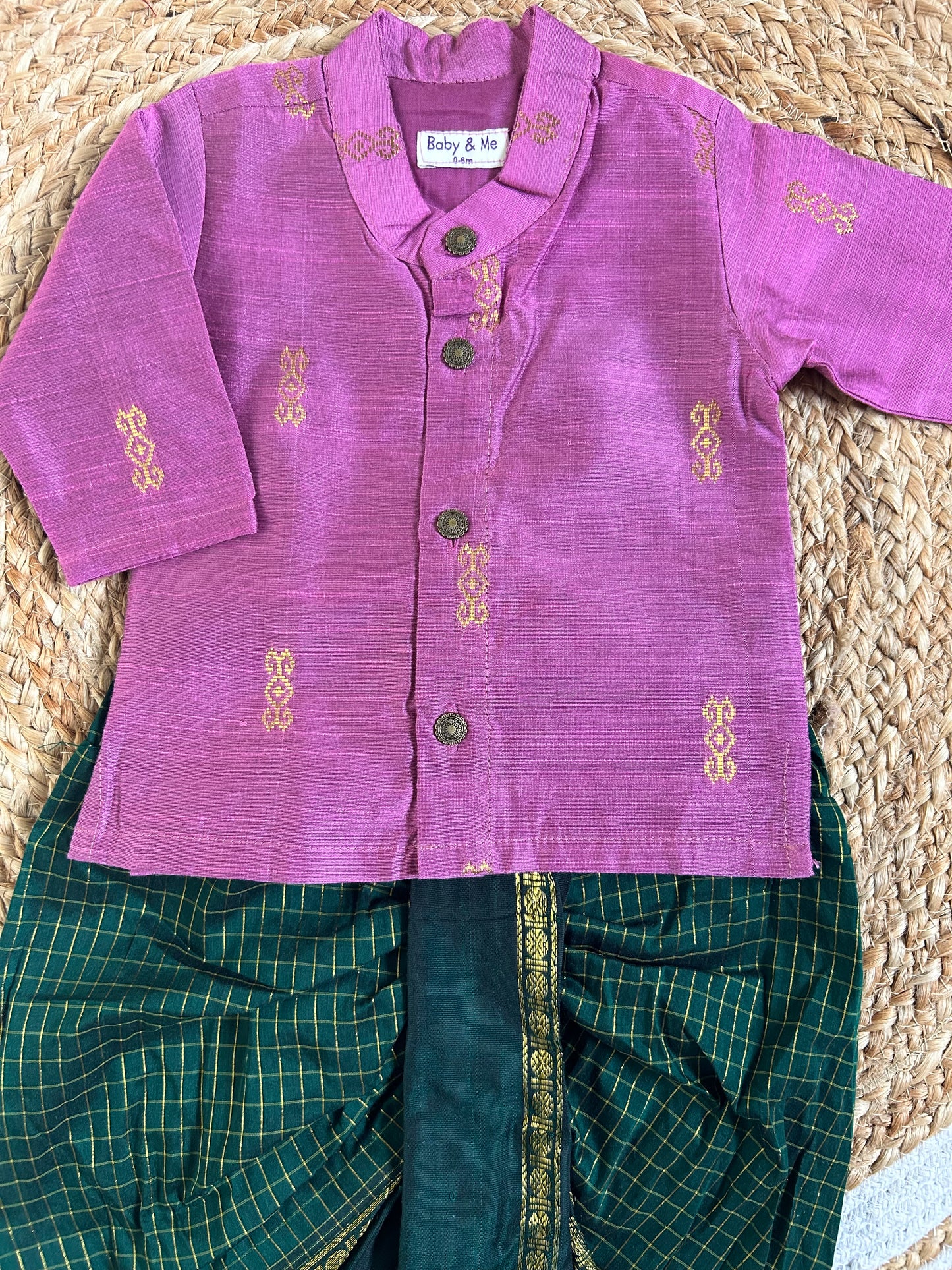 Pink kurta and bottle green checked Dhoti for Boys – Traditional Ethnic Wear Cotton weave for Baby Boy