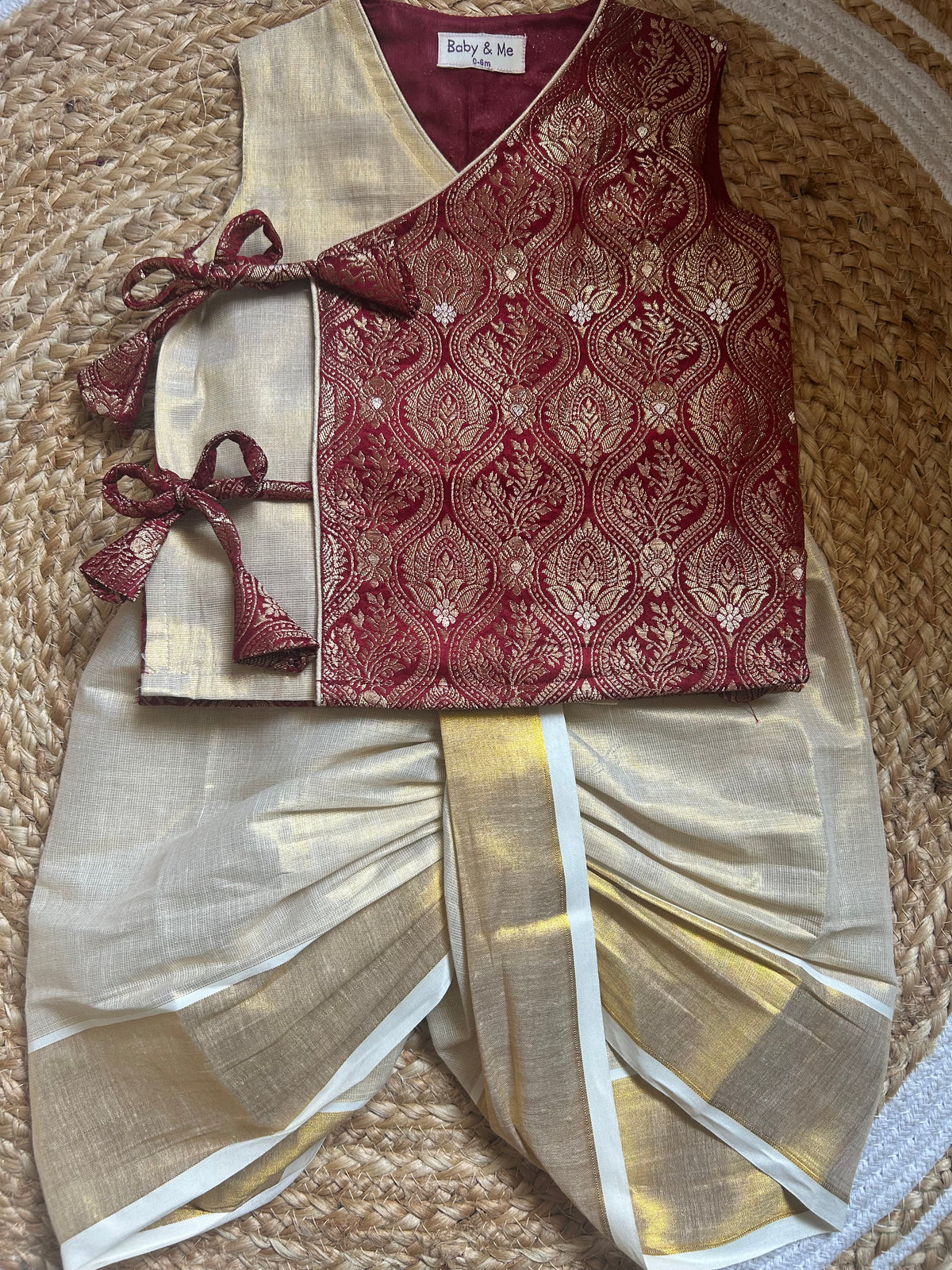 Maroon banarasi angrakha with traditional gold dhoti ethnic wear for baby boy