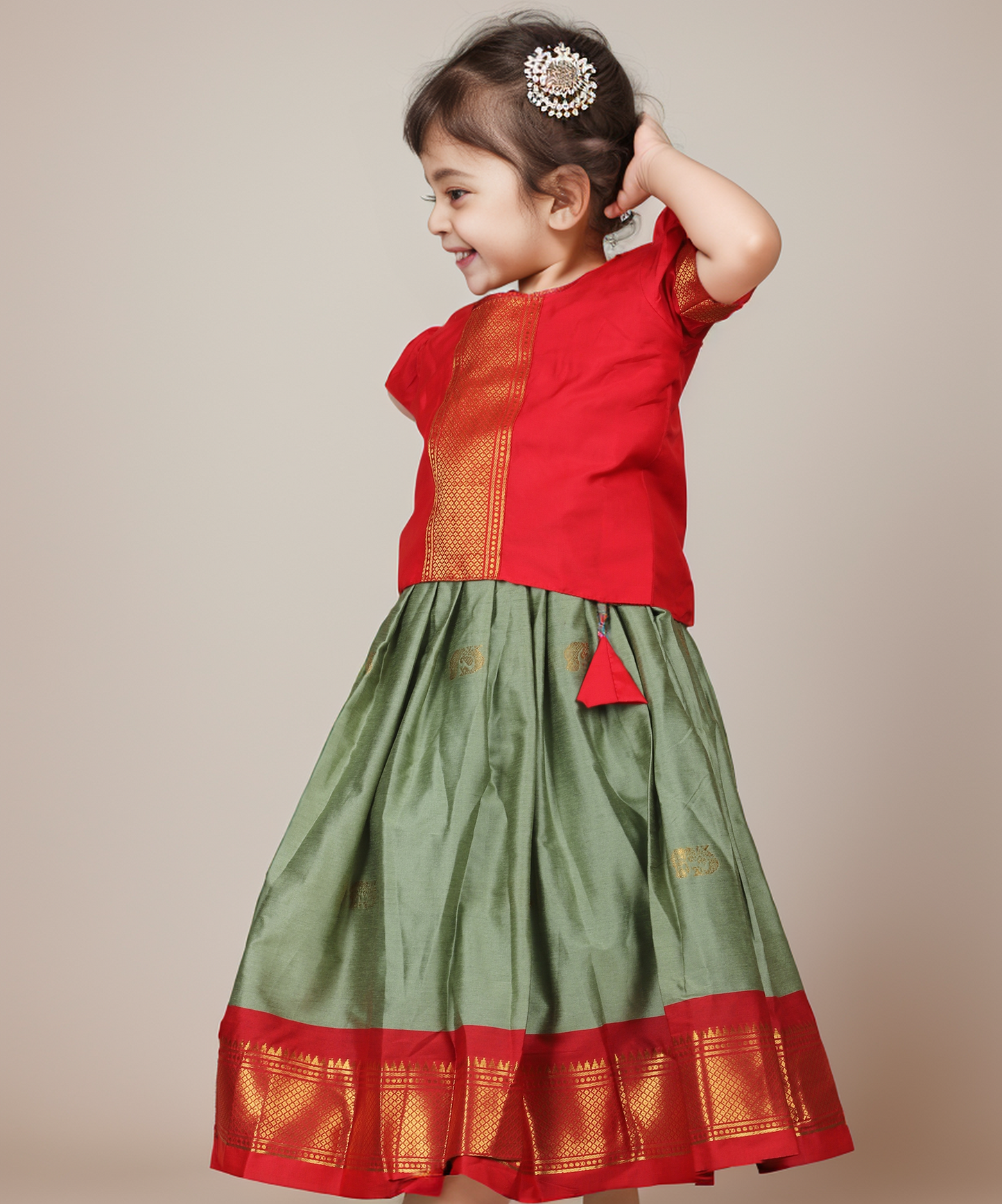 Red and Saraswati green soft silk langa blouse ethnic wear for baby girl