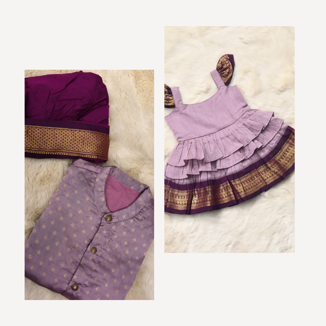 Lavendar and wine sibling combo - ethnic wear for bro and sis twinning set