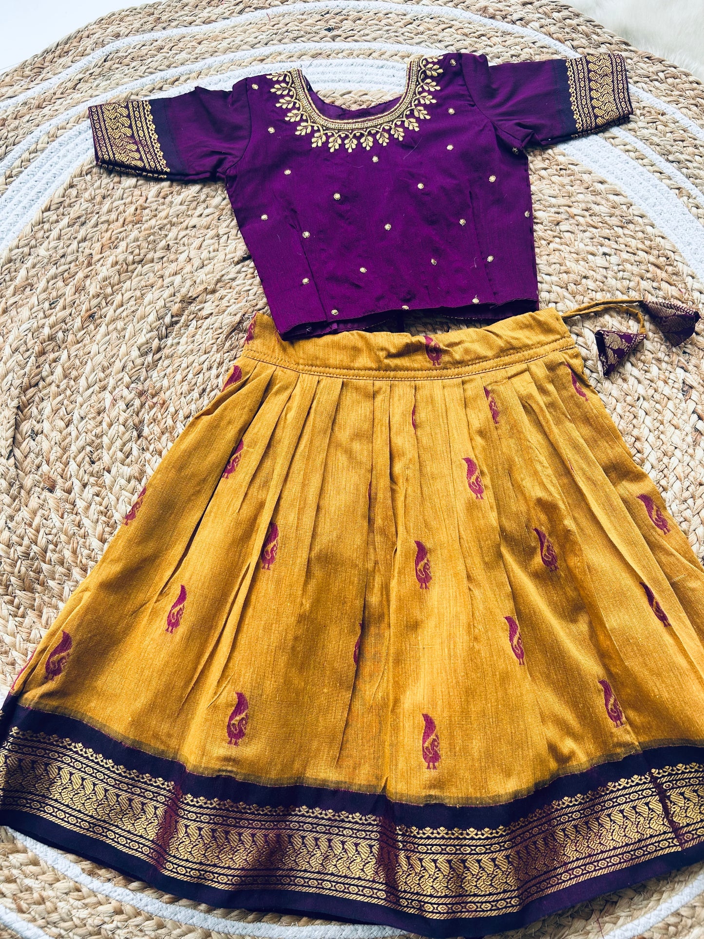 Embroideried Traditional langa blouse / pavadai mustard yellow with wine for baby girl