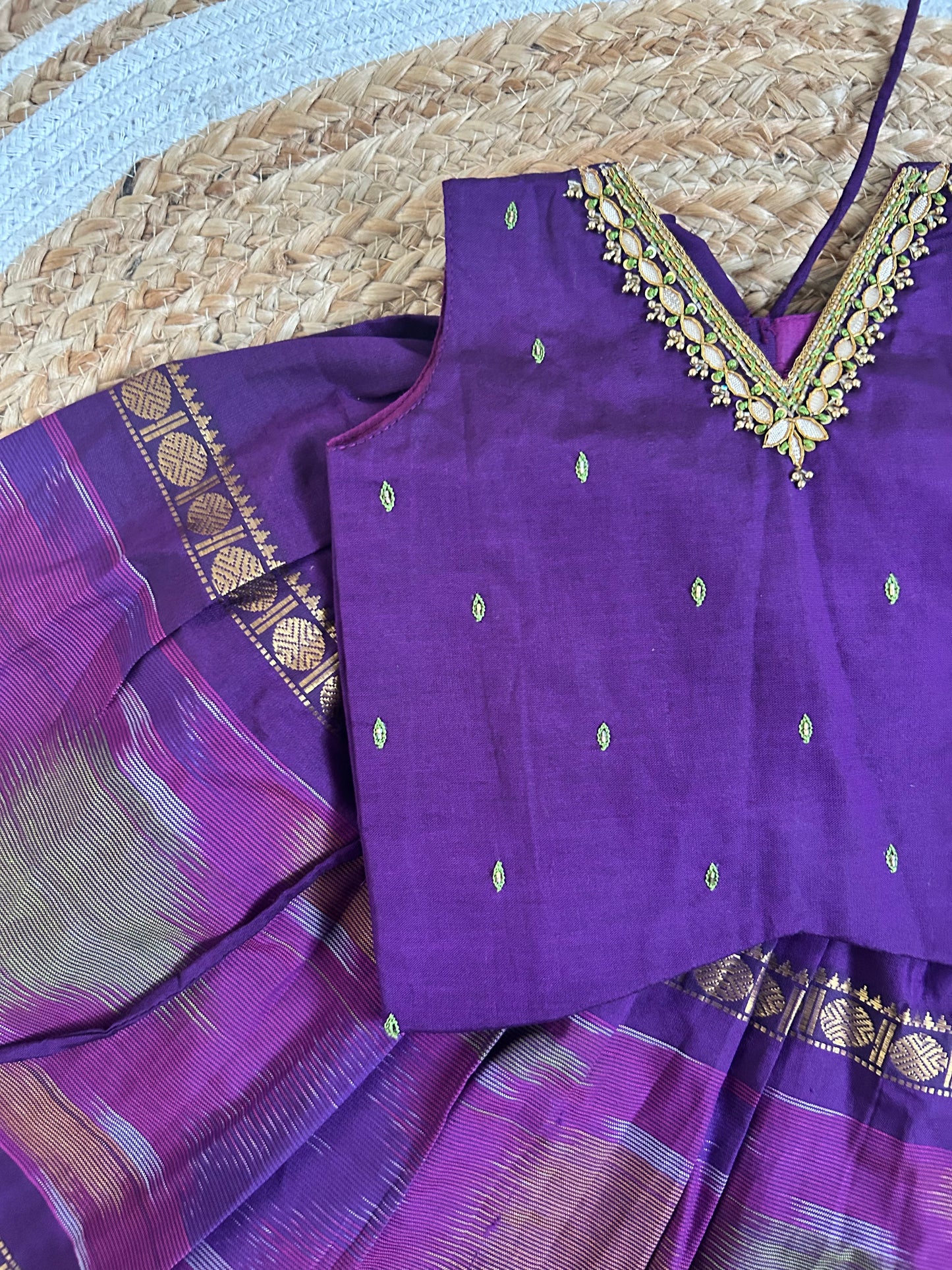 Pochampally border purple kanchi silk cotton sleeveless heritage langa blouse for baby girl