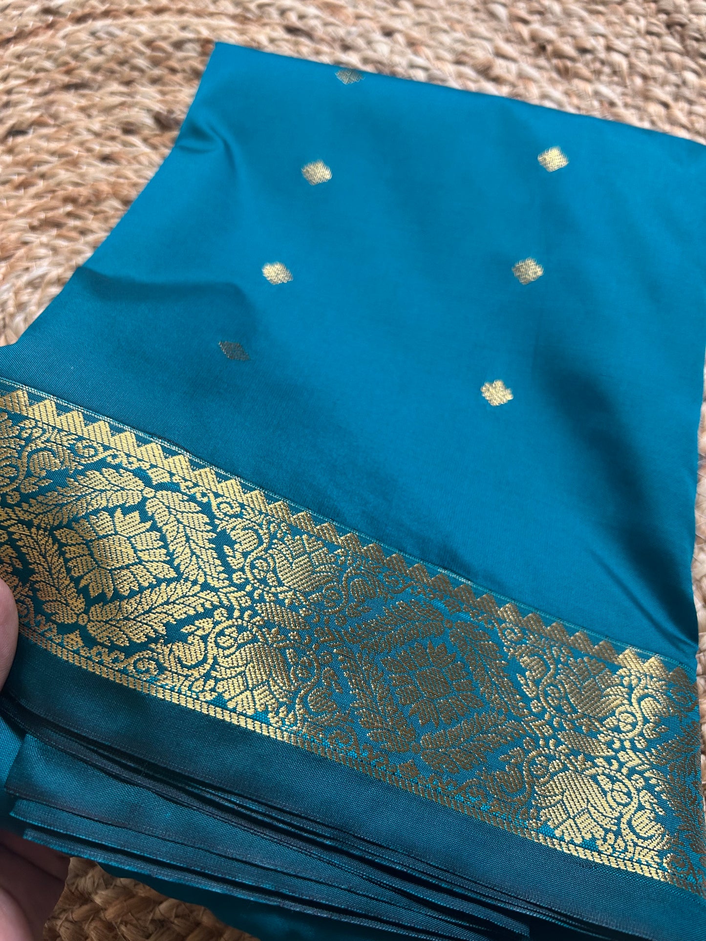Peacock Teal Handloom Semi-Silk Saree with Gold Zari Floral Border