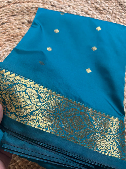Peacock Teal Handloom Semi-Silk Saree with Gold Zari Floral Border