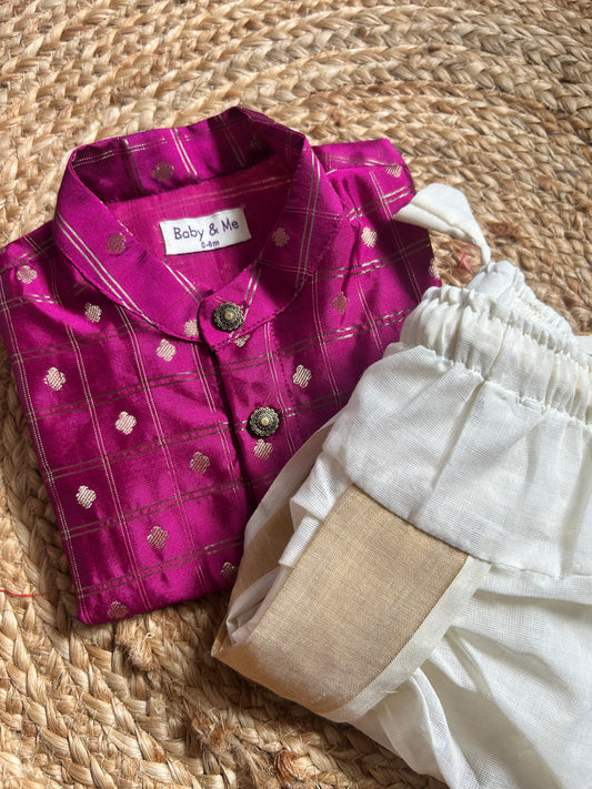 Dark pink with cream reshme chowka Kurta Dhoti for baby boy - Festive Collection