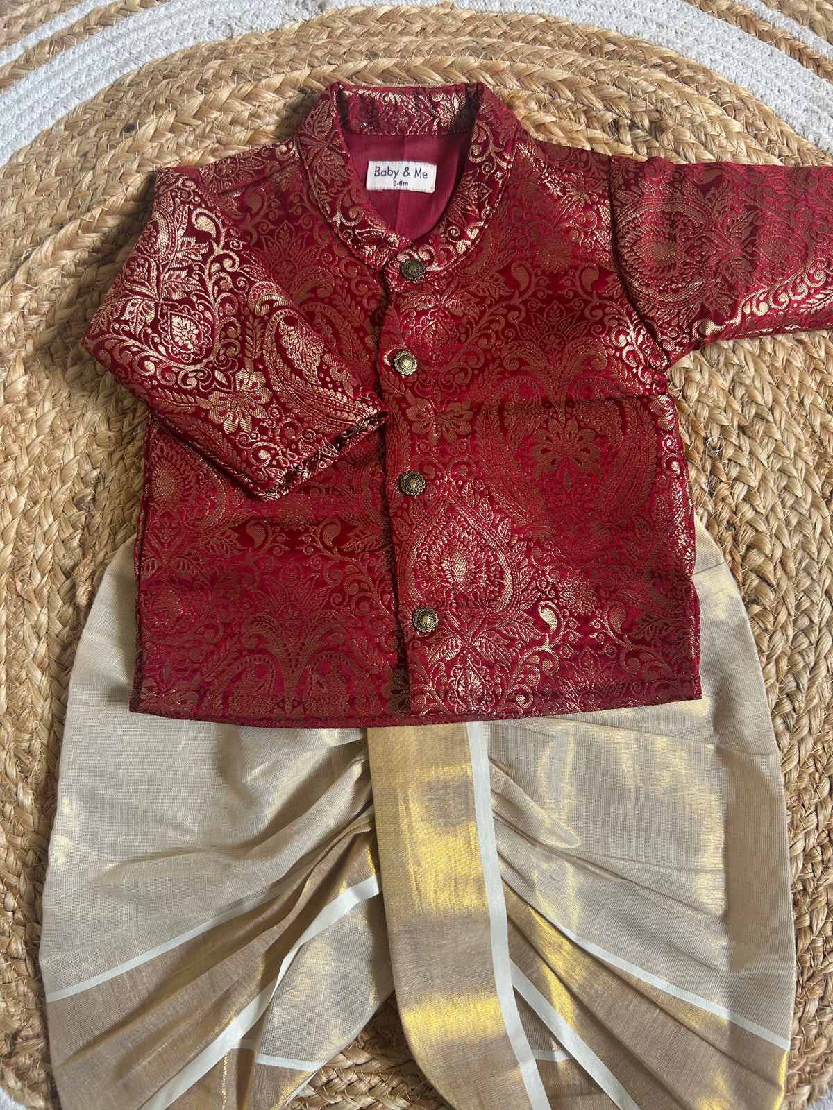 Maharaja Royal Maroon Banarasi  Kurta Traditional gold dhoti ethnic wear for baby boy