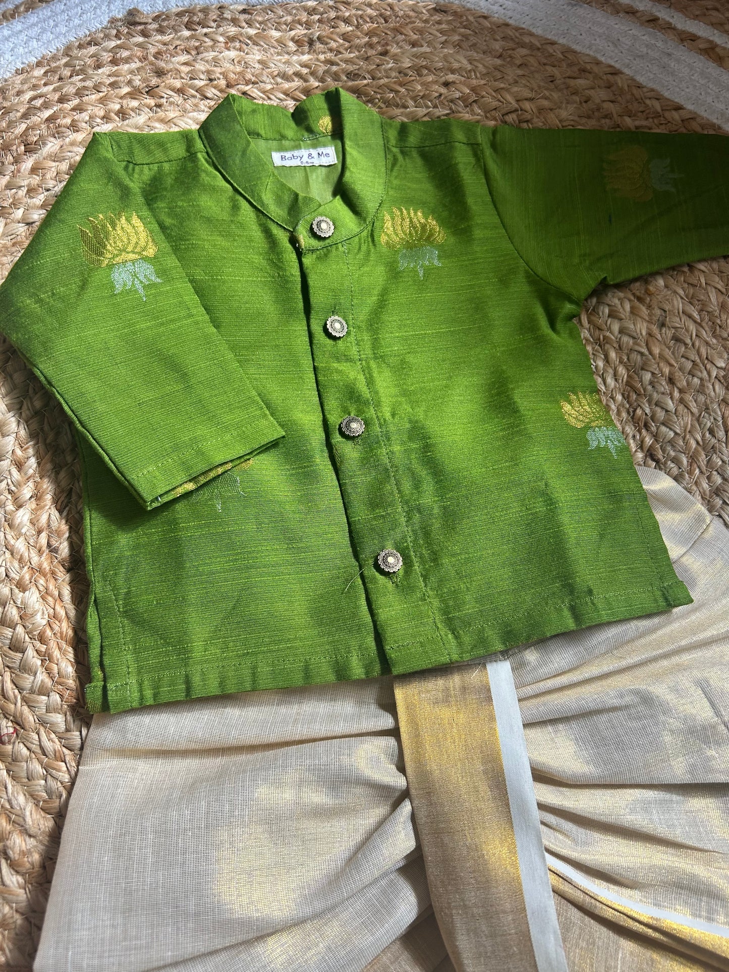 Nature green lotus weave cotton silk kurta with gold Dhoti for Boys – Traditional South Indian Ethnic Wear for Baby Boy