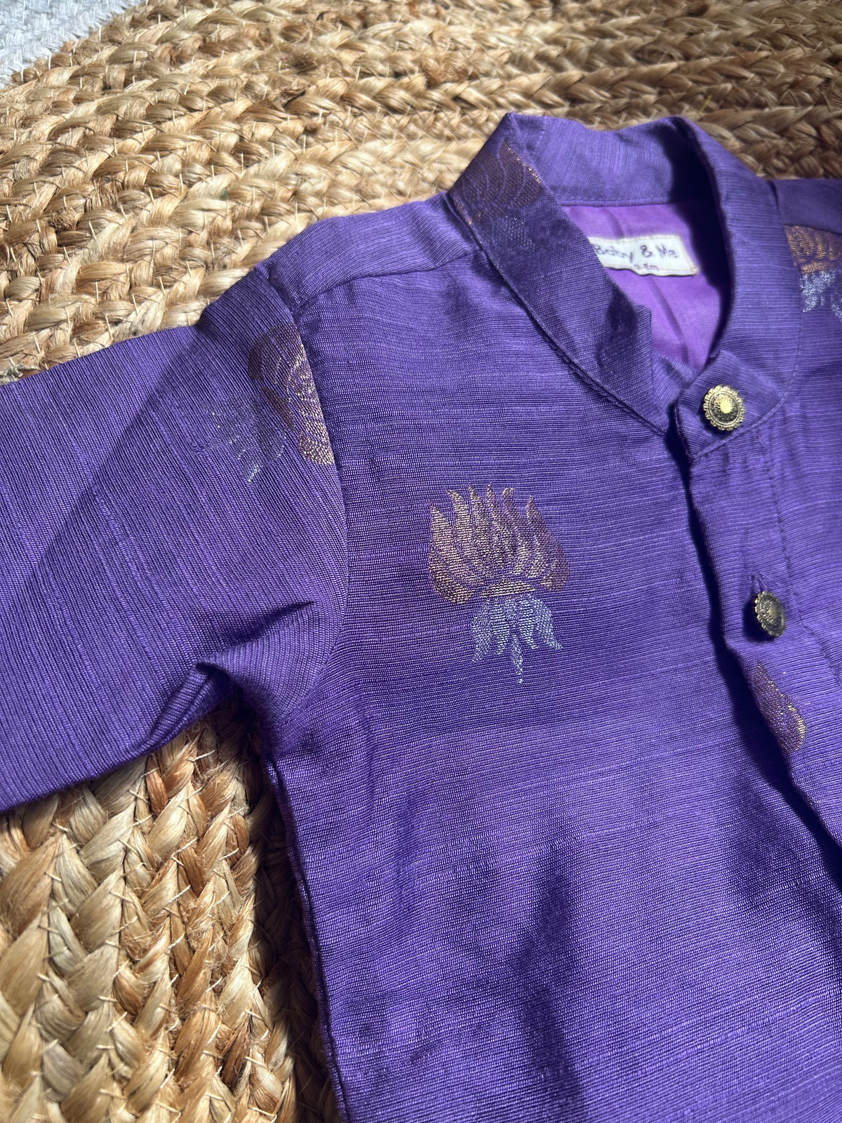 Purple lotus weave cotton silk kurta with gold Dhoti for Boys – Traditional South Indian Ethnic Wear for Baby Boy