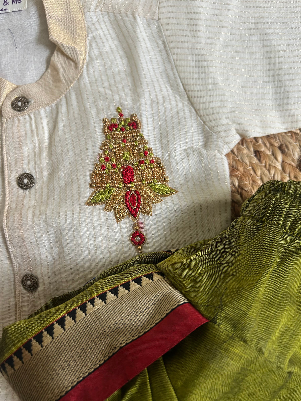 White with gold Traditional Temple Embroidered Kurta with Olive Green Dhoti for baby boy