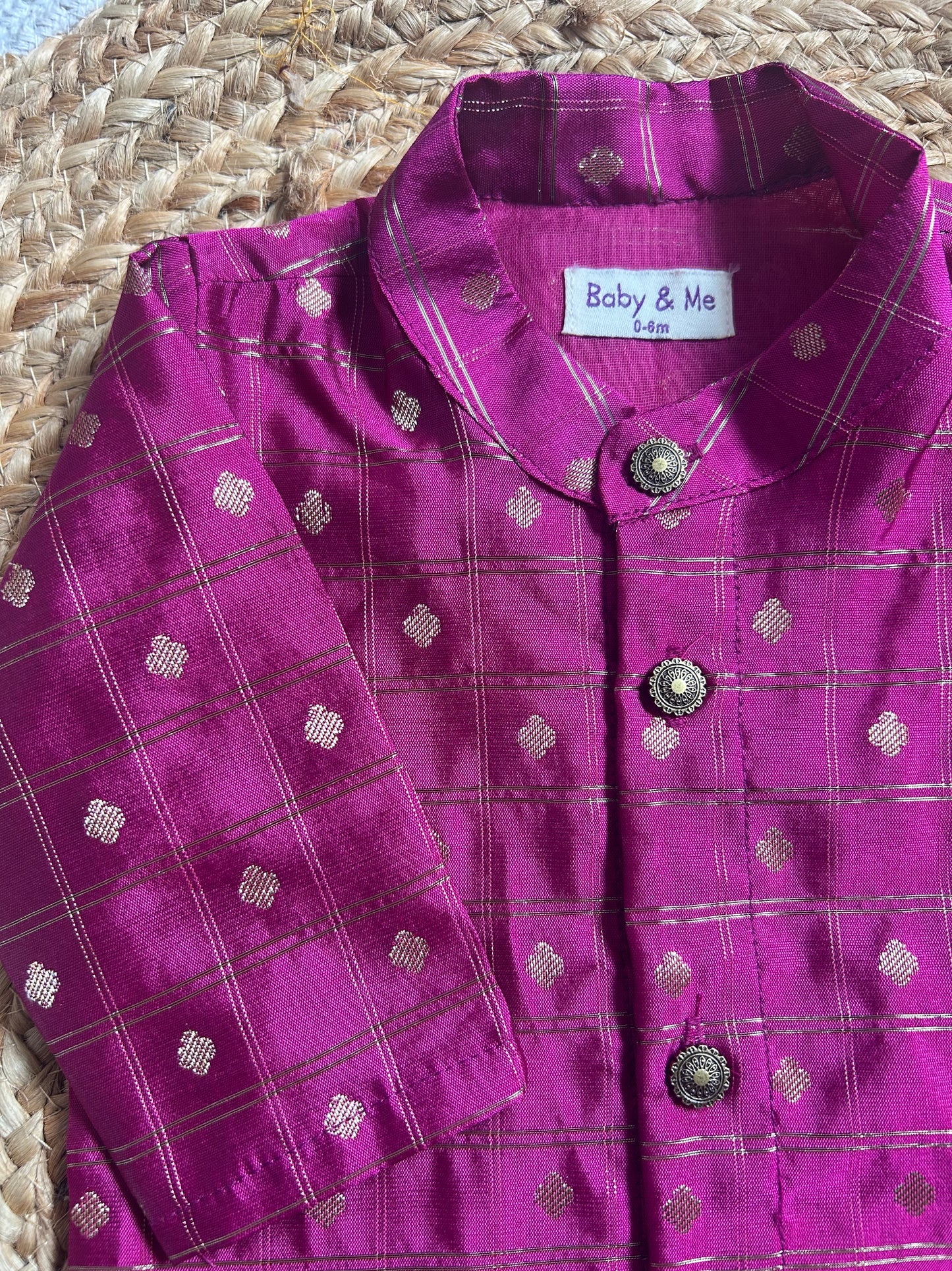 Dark pink with cream reshme chowka Kurta Dhoti for baby boy - Festive Collection