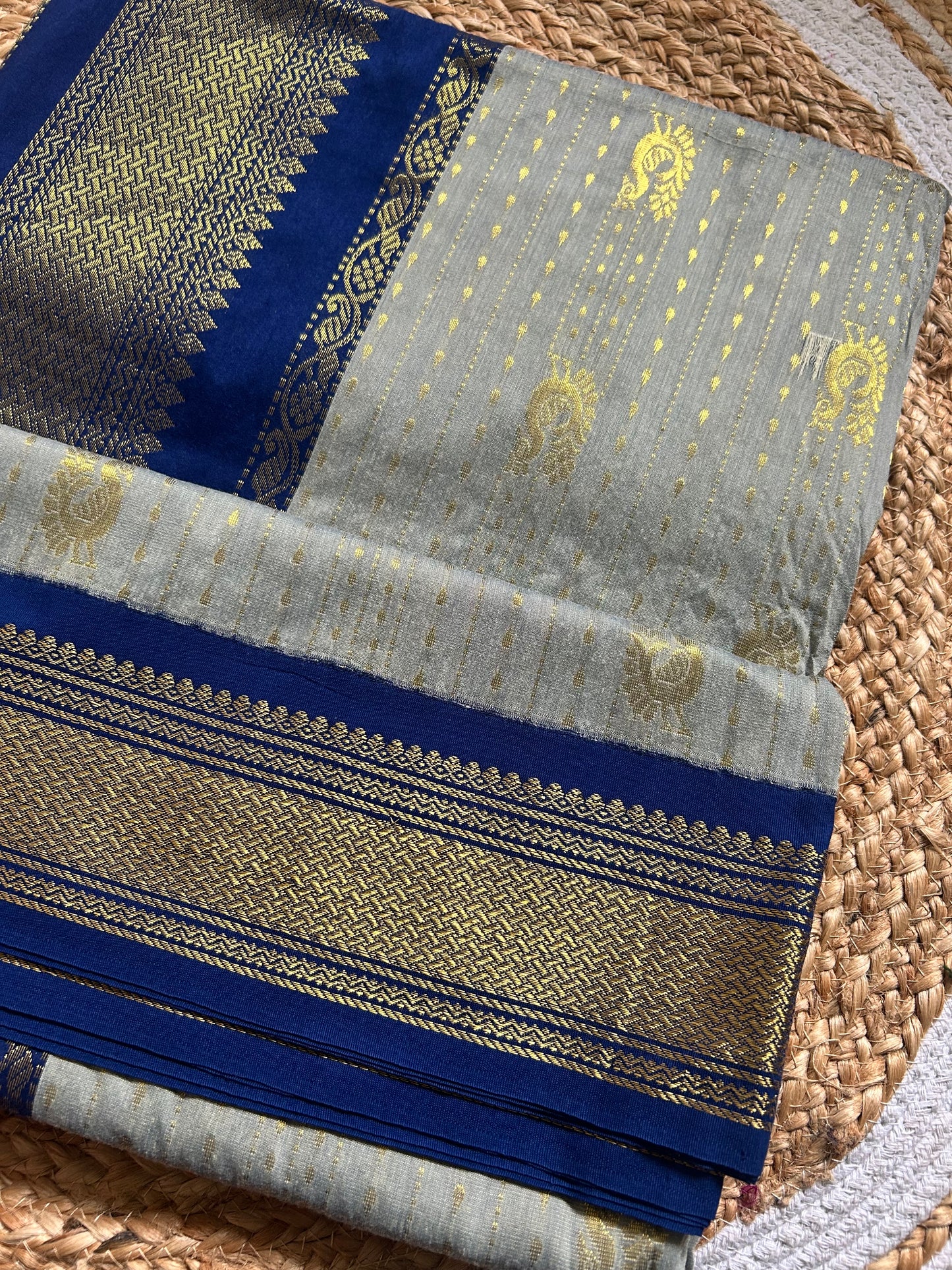 Navy Blue & Ash Grey Handloom Silk Cotton Saree with Gold Zari Peacock Border