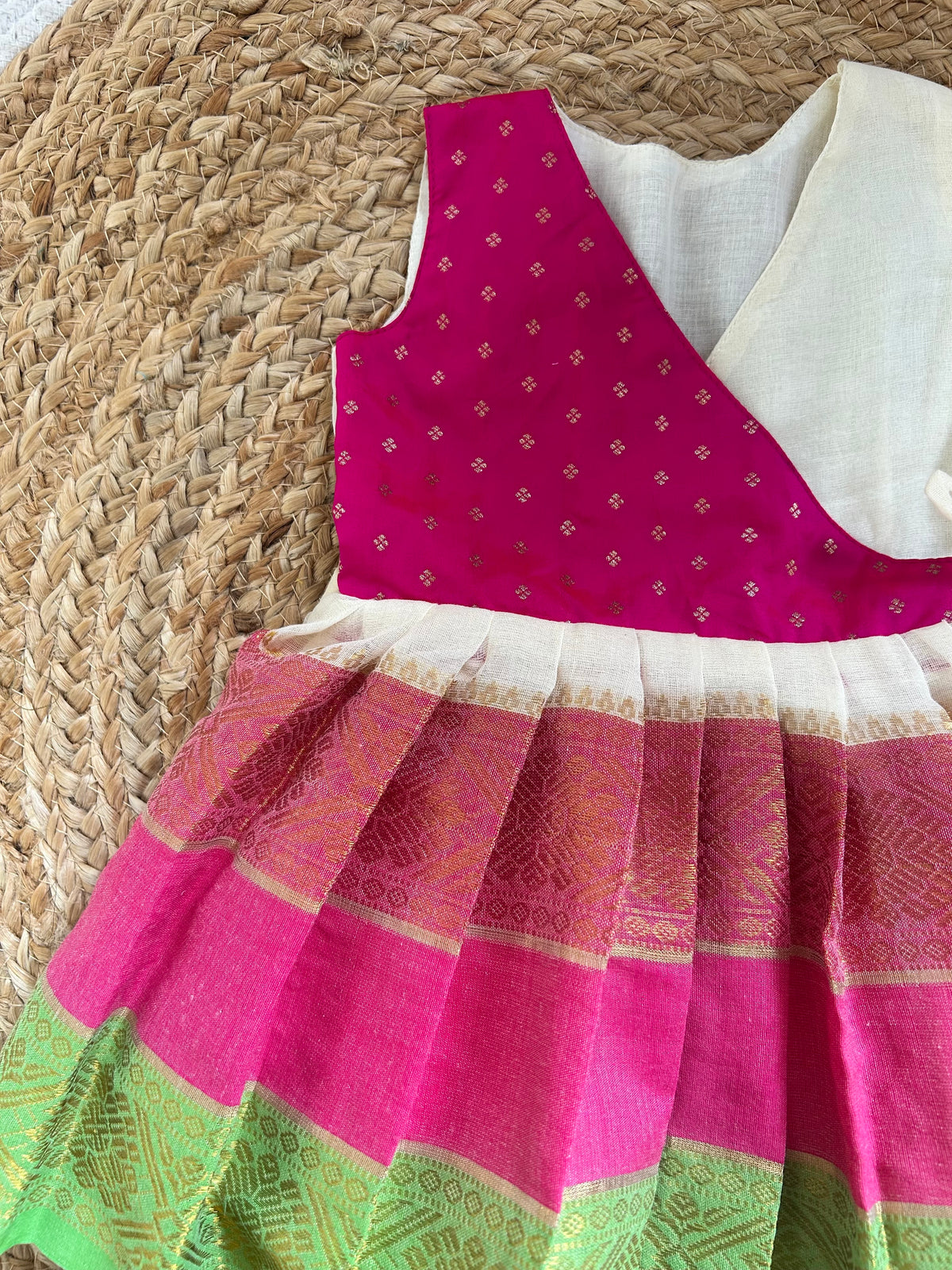 Mul cotton White & Pink Angrakha-Style  Ethnic Wear for Baby Girl – Traditional frock for Baby Girl