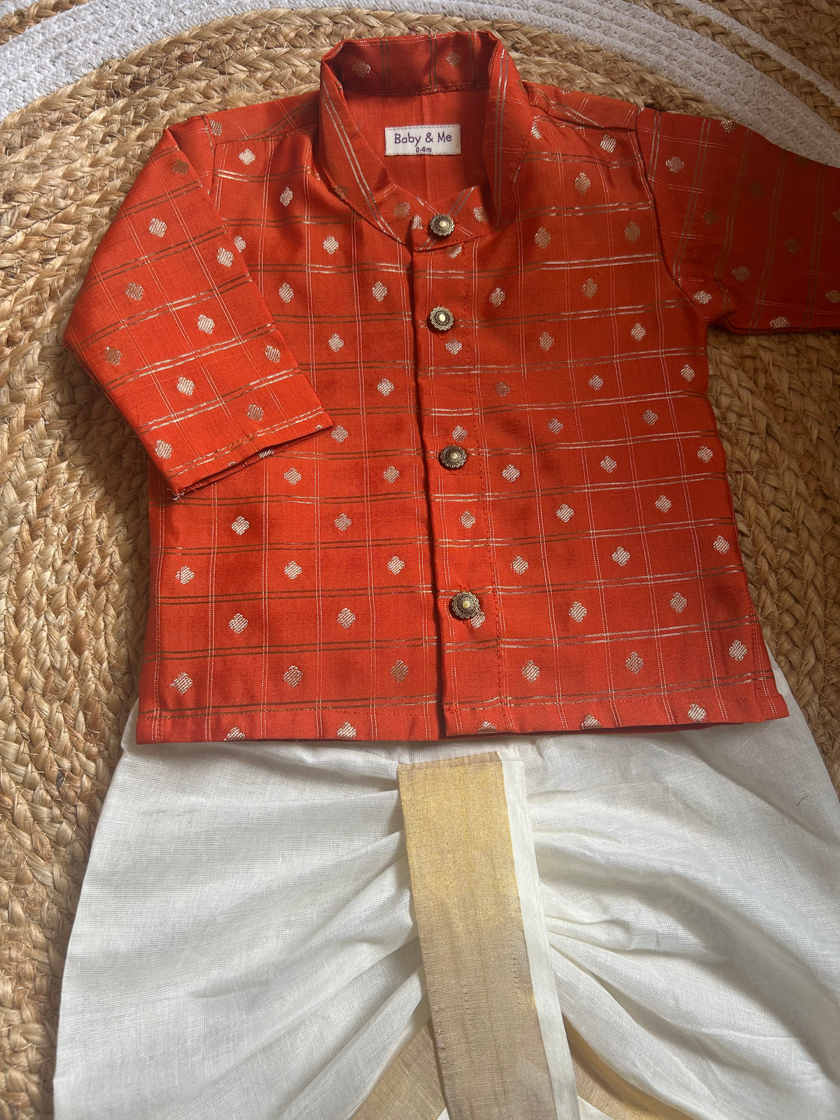 Reshme chowka orange with handloom cotton white with zari dhoti ethnic wear for baby boy