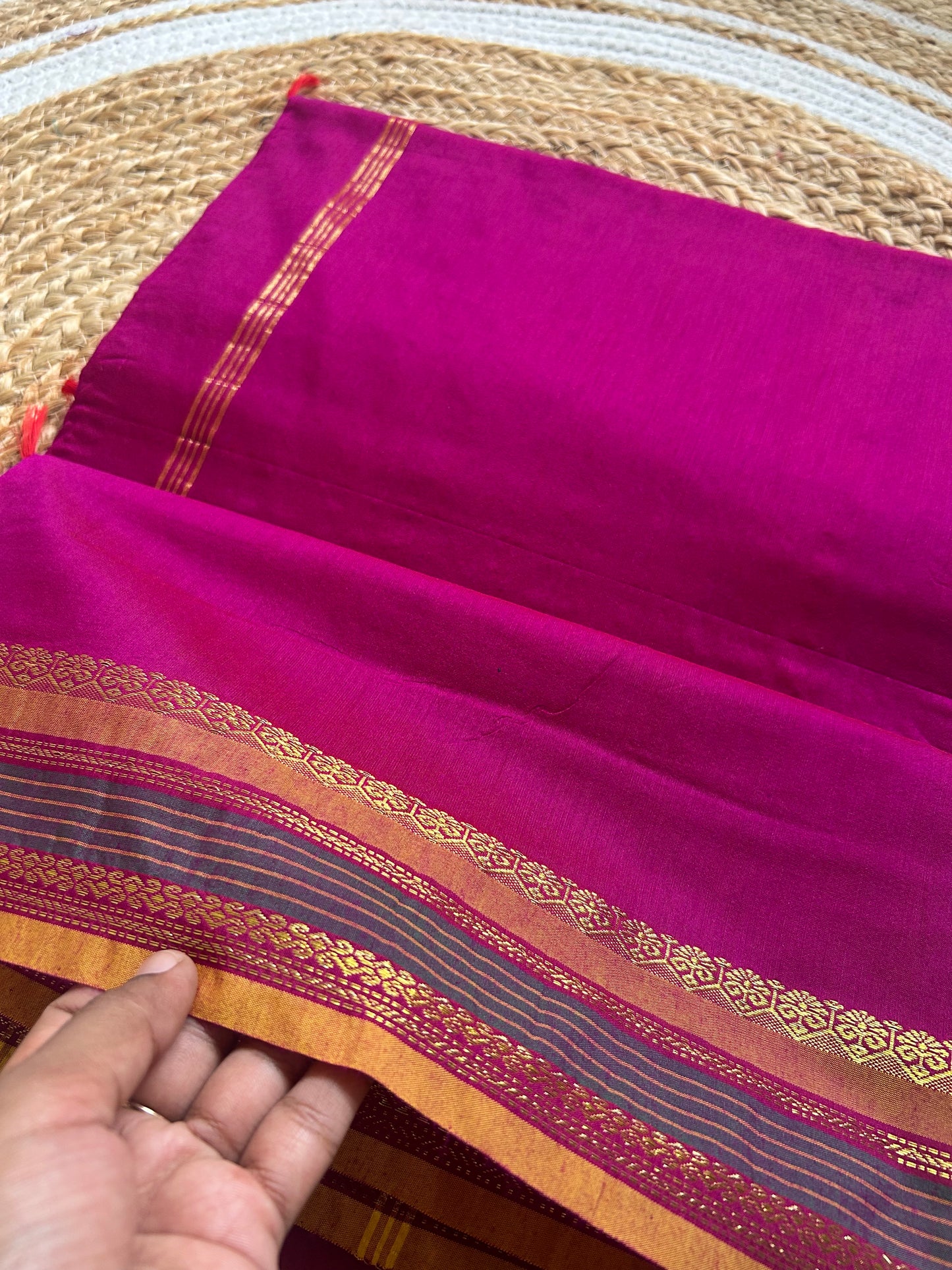 Wine Magenta & Mustard Gold Handloom Silk Cotton Saree with Zari Diagonal Border