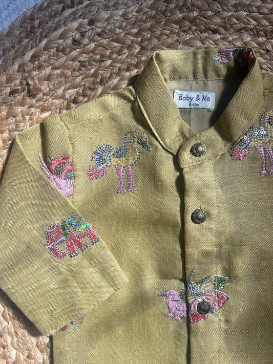 Yellow multi linen Kurta for baby boy ethnic top wear