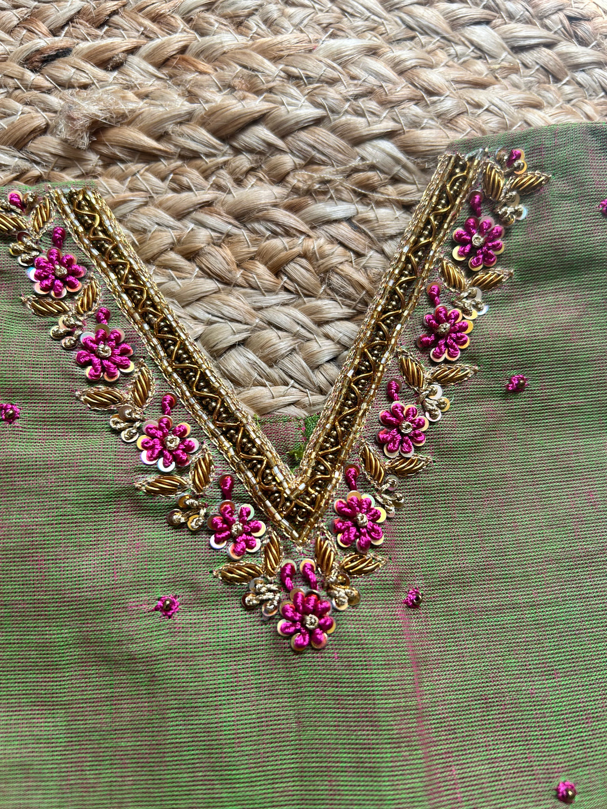 Bhavani - Kanchi border green handloom cotton sleeveless heritage langa blouse for baby girl