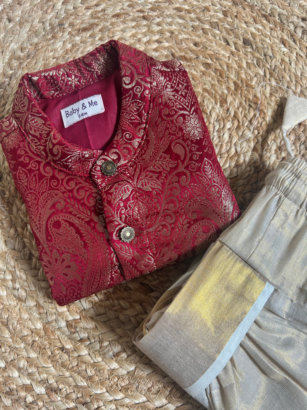 Grand Ethnic Celebration Pink Banarasi kurta with traditional gold dhoti ethnic wear for baby boy