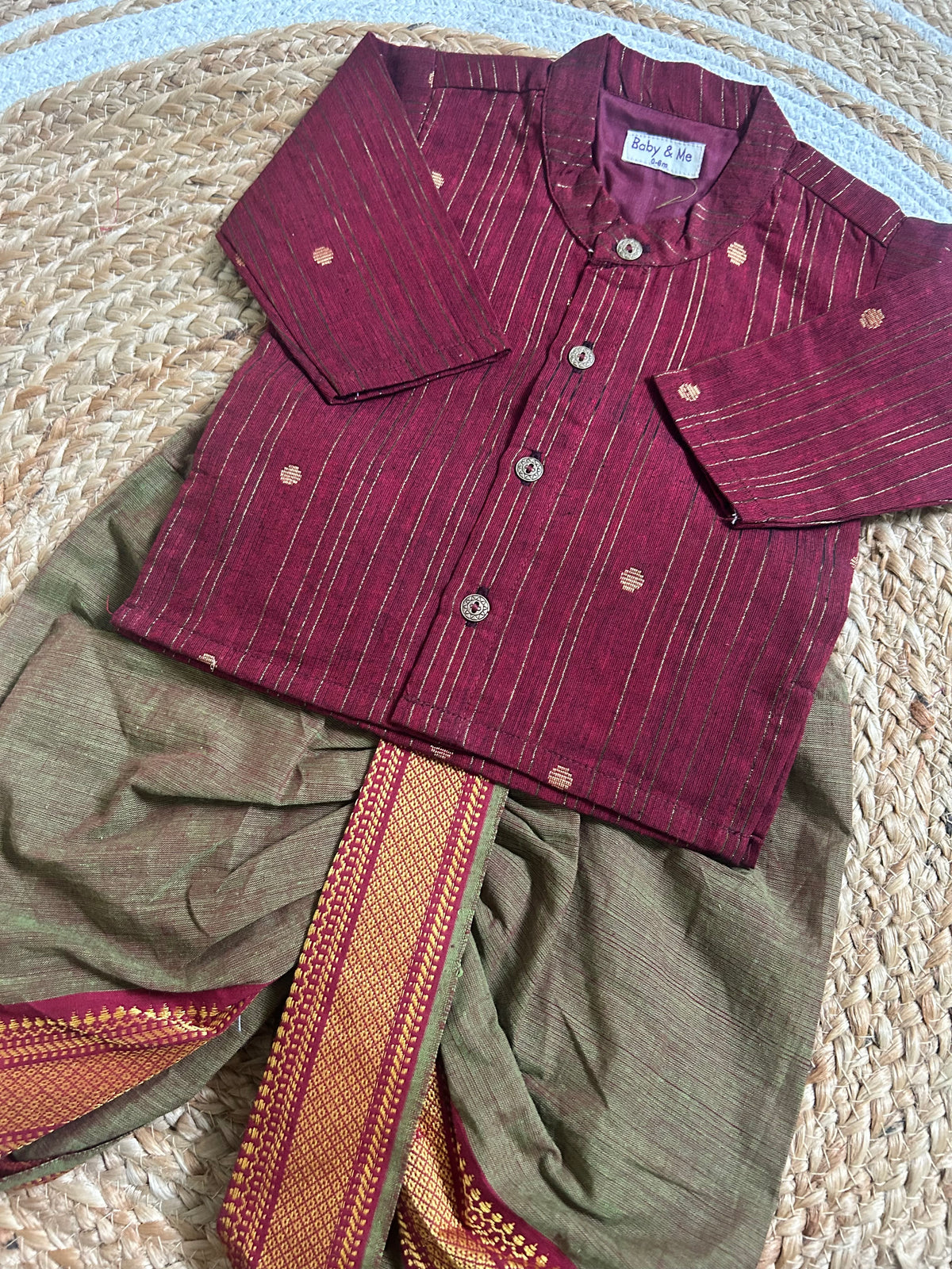 Maroon & Gold Striped Kurta with Sage Green Dhoti Traditional ethnic wear for baby boy