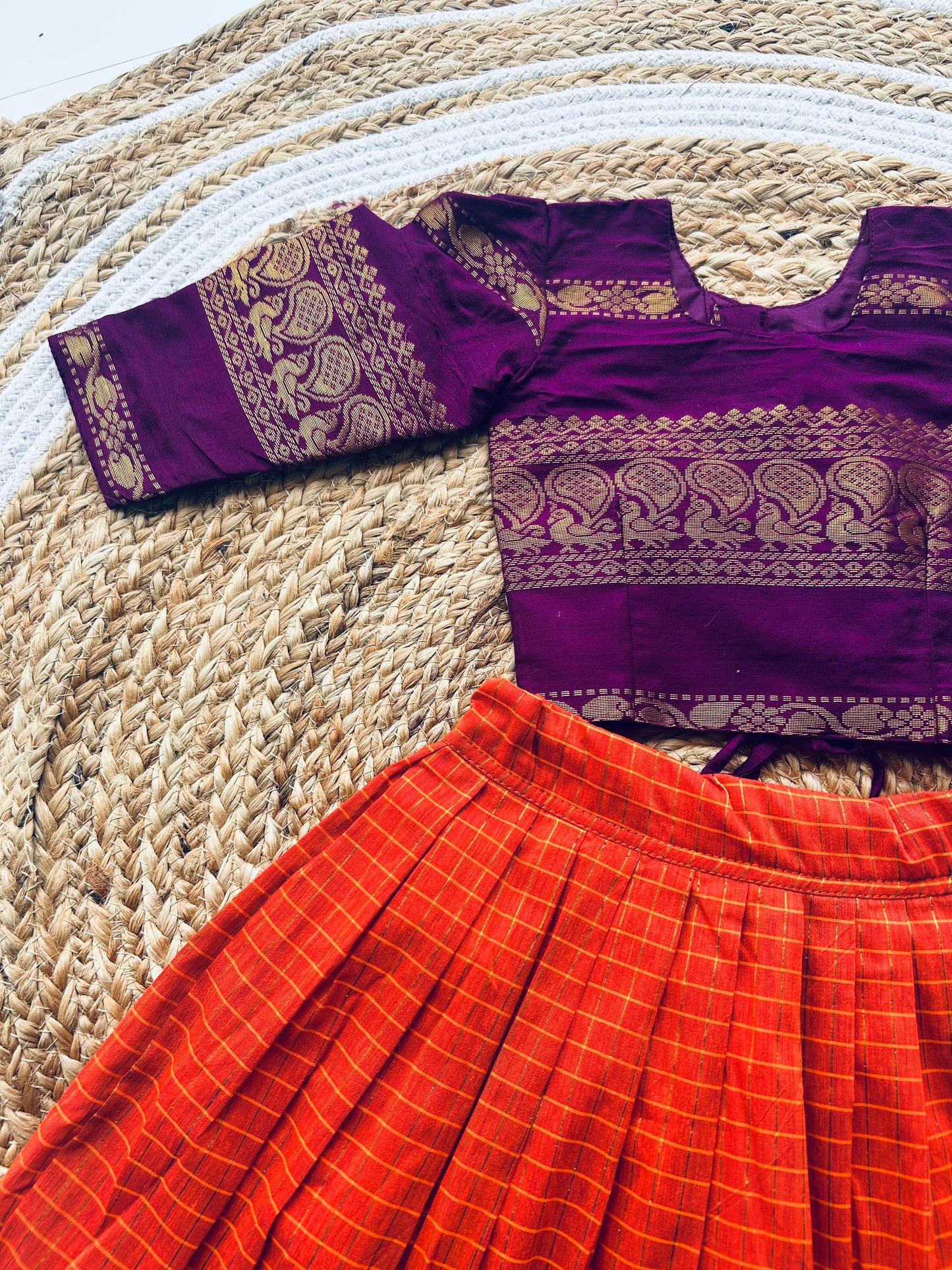 Traditional langa blouse / pavadai rust orange with wine for baby girl