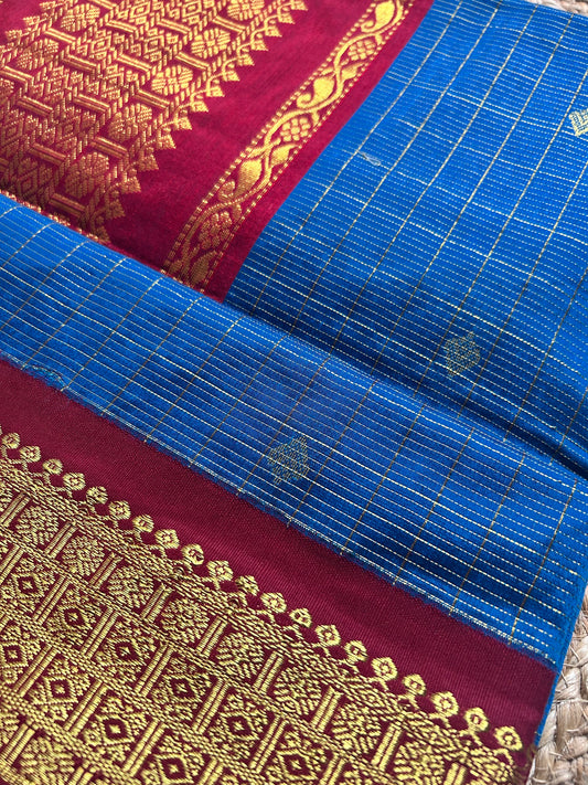 Maroon & Peacock Blue Handloom Silk Cotton Saree with Gold Zari Border