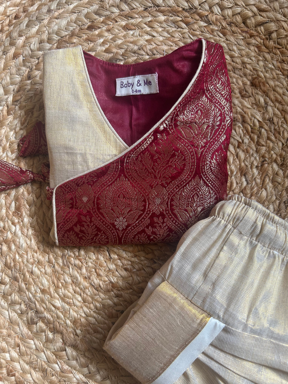 Maroon banarasi angrakha with traditional gold dhoti ethnic wear for baby boy