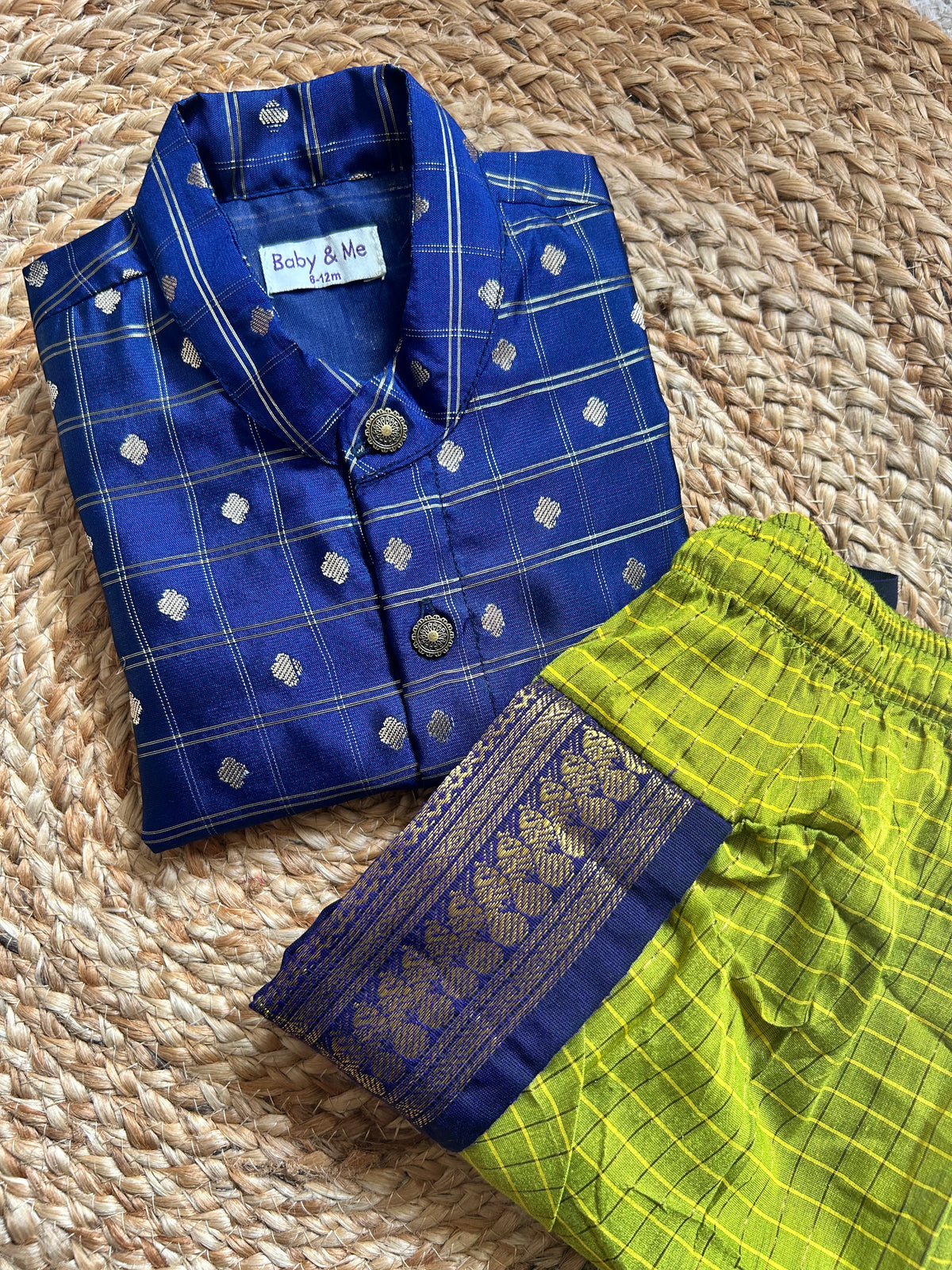 Navy blue reshme chowka Kurta with green  dhoti  traditional ethnic wear for baby boy
