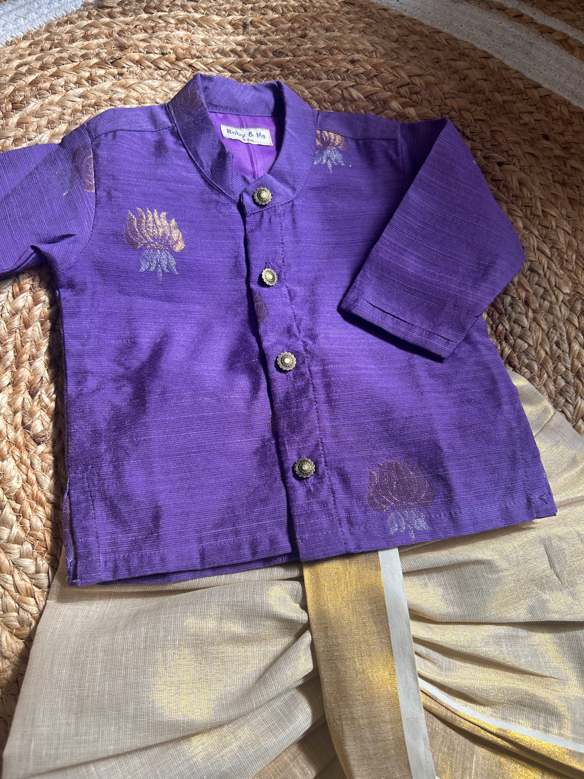 Purple lotus weave cotton silk kurta with gold Dhoti for Boys – Traditional South Indian Ethnic Wear for Baby Boy