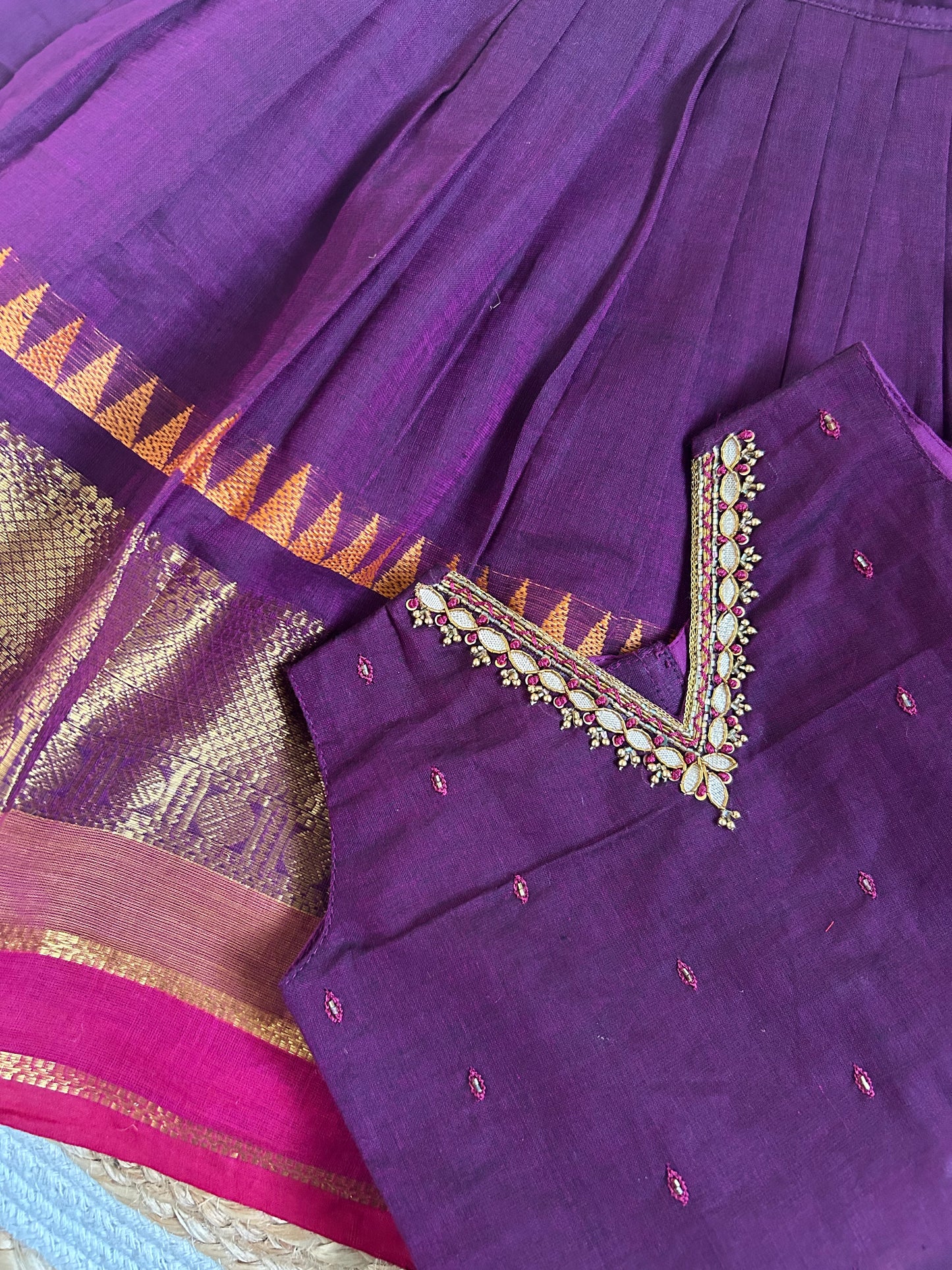 ನೇರಳೆ (Grape) kanchi silk cotton sleeveless heritage langa blouse for baby girl