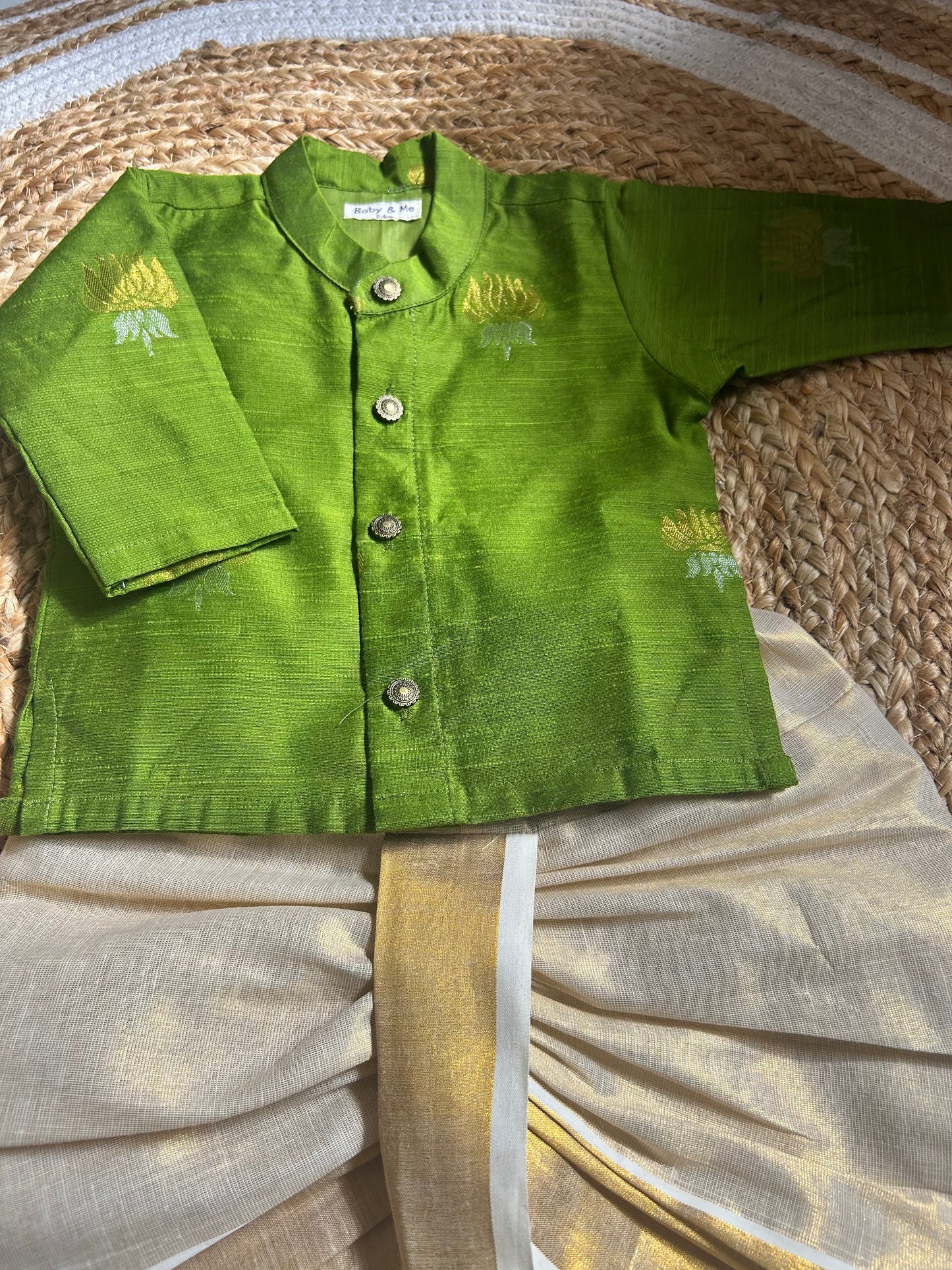 Nature green lotus weave cotton silk kurta with gold Dhoti for Boys – Traditional South Indian Ethnic Wear for Baby Boy