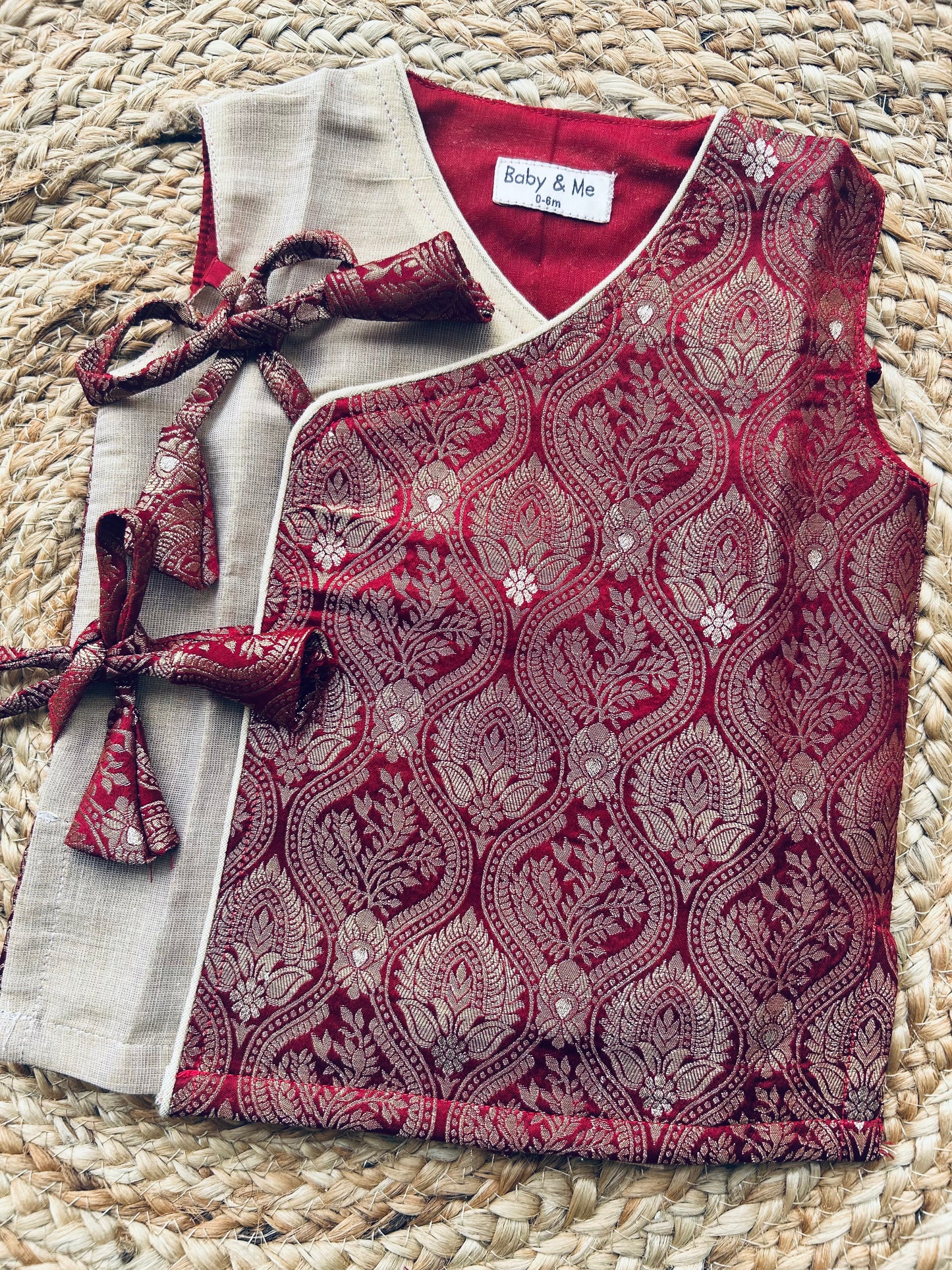 Maroon Banarasi angrakha with gold tissue dhoti comfortable ethnic wear for baby boy