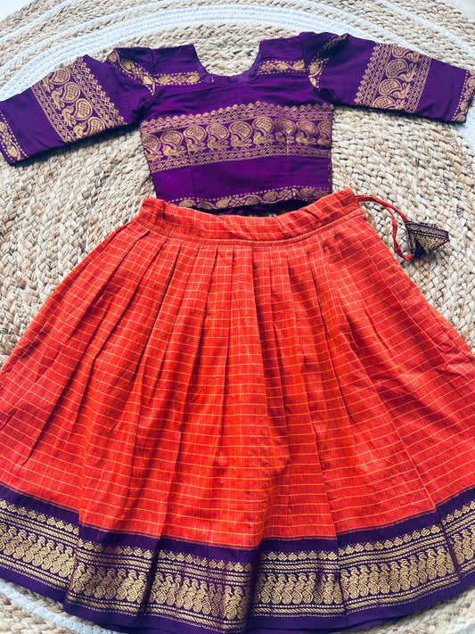 Traditional langa blouse / pavadai rust orange with wine for baby girl