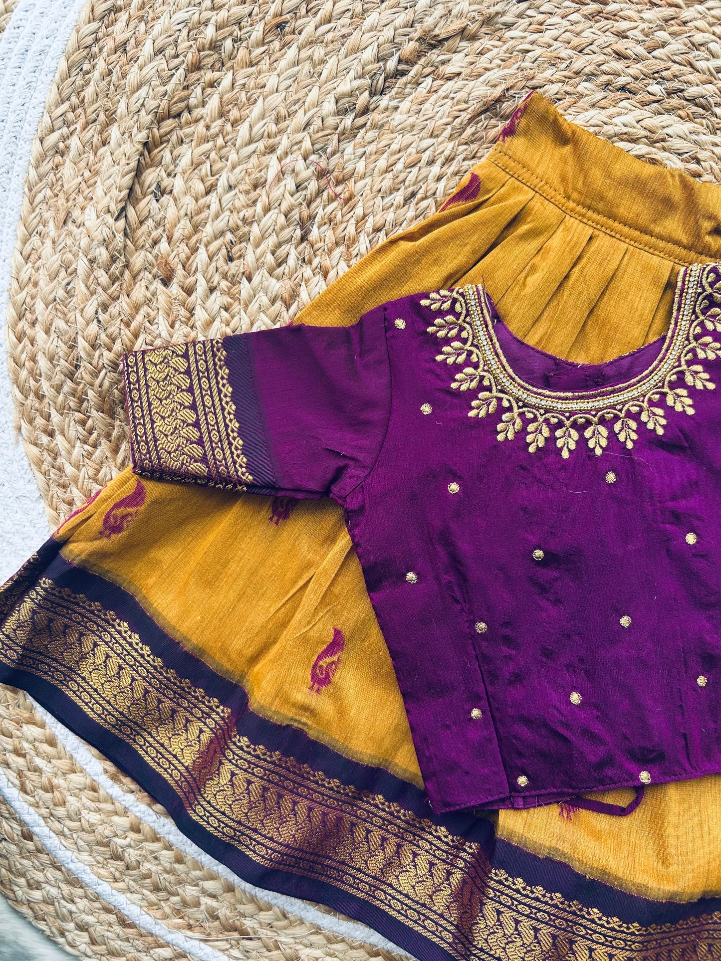 Embroideried Traditional langa blouse / pavadai mustard yellow with wine for baby girl