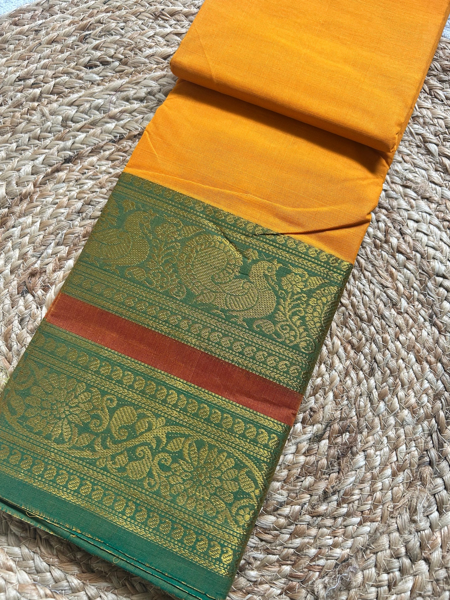 Mustard Yellow & Forest Green Handloom Silk Cotton Saree with Gold Zari Peacock Border