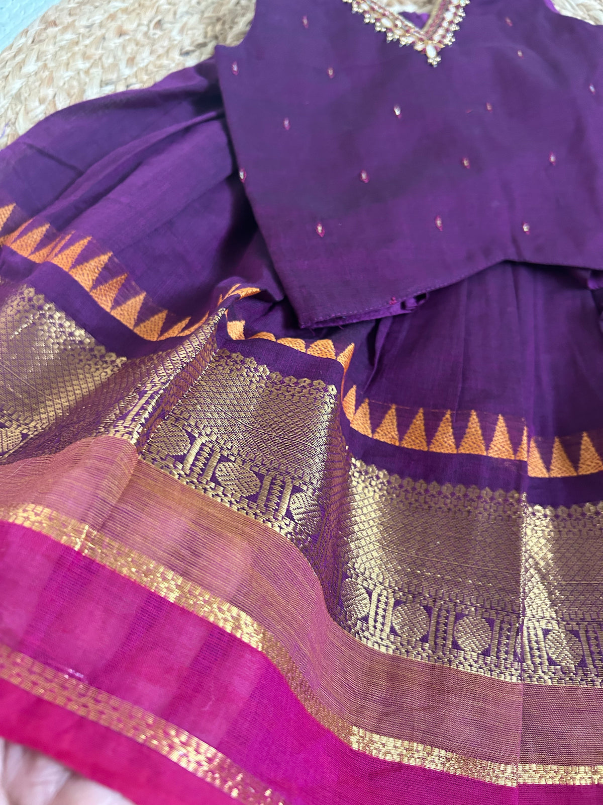 ನೇರಳೆ (Grape) kanchi silk cotton sleeveless heritage langa blouse for baby girl